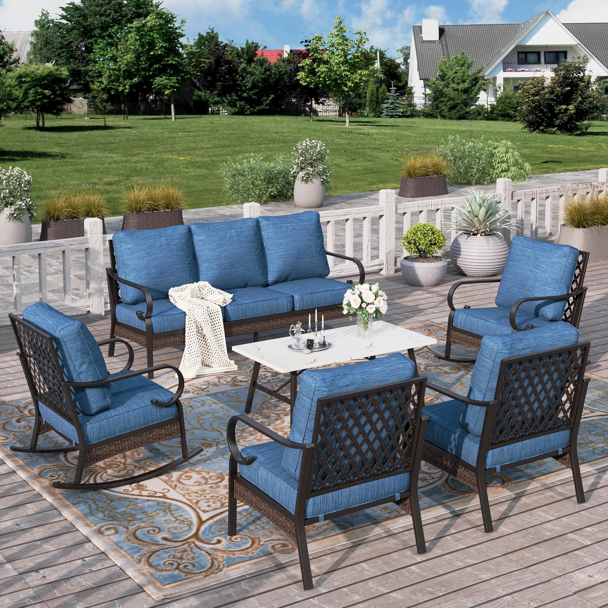 HERA'S HOUSE 6 Piece Metal Patio Furniture Set, All Weather Outdoor Conversation Set with 3-Seat Sofa, 2 Rocking Chairs, 2 Fixed Chairs & Coffee Table