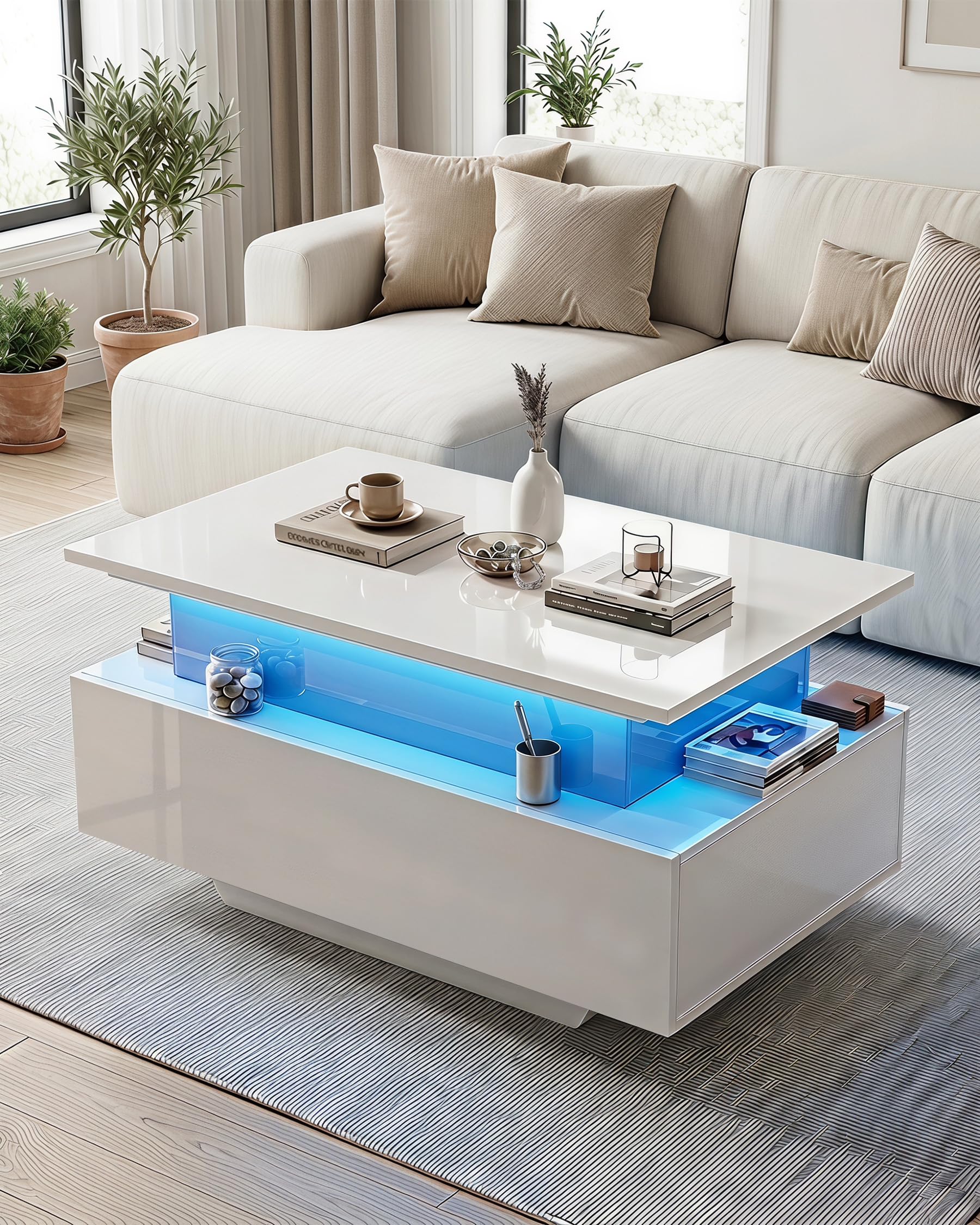Tavolino da Salotto Rettangolare Moderno, Tavolo Salotto Salvaspazio, Tavolino Trasformabile con 2 cassetti e 1 spazio nascosto, Coffee Table con effetti di luce multicolore