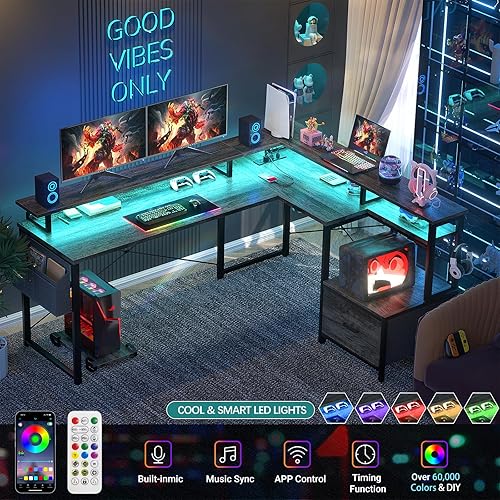 Miniatura 4 de Hyomdeck Escritorio en forma de L con toma de corriente y tira LED, escritorio reversible en forma de L con cajón de archivos, escritorio de esquina