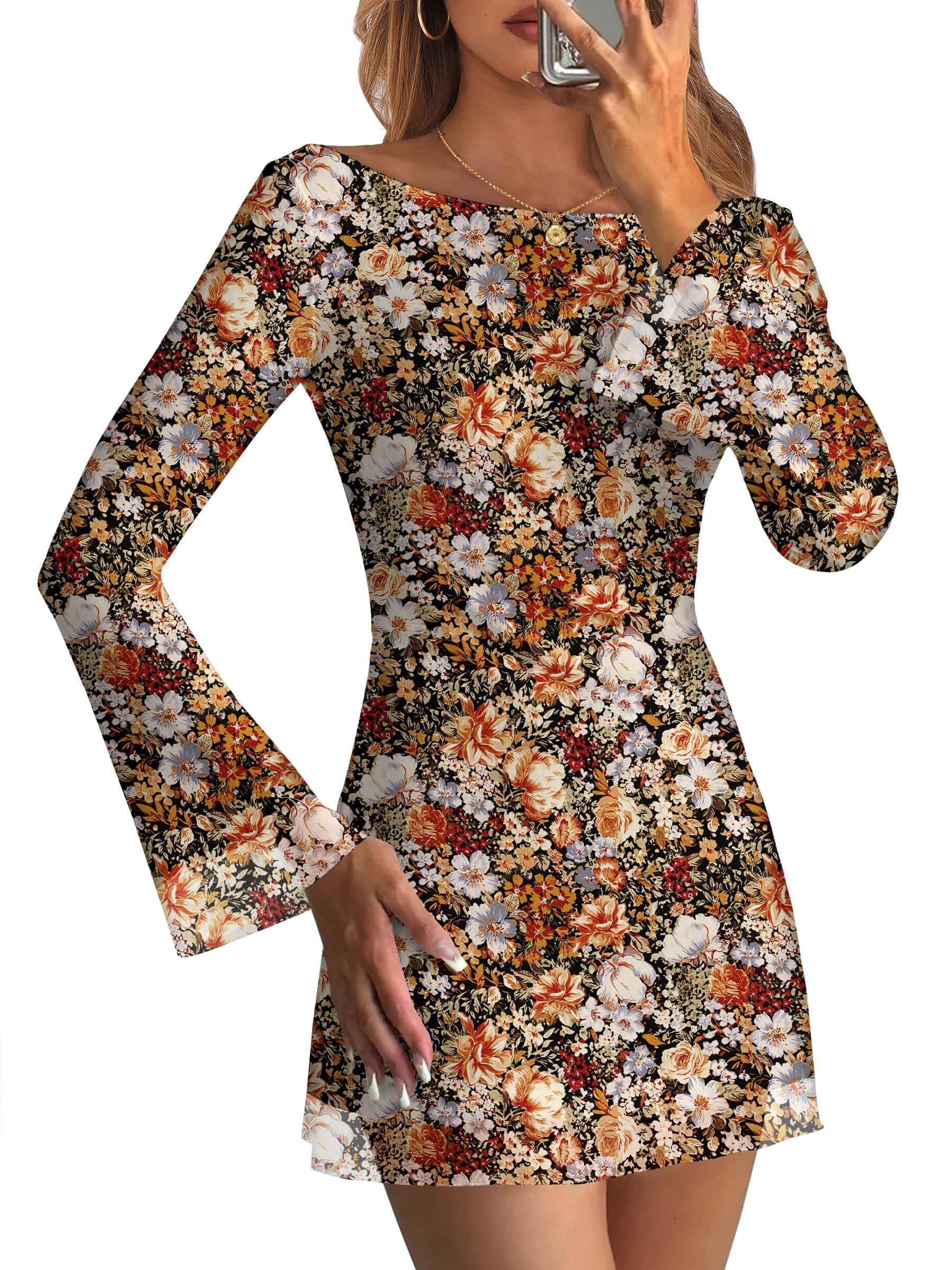 Caracilia Women's Boat Neck Bell Long Sleeve Short Dress Mesh Double Lined,Mini Slim Bodycon,Date Night Out Club Cocktail,Cute Floral&Solid,Graduation Party Formal Events,Spring Fall