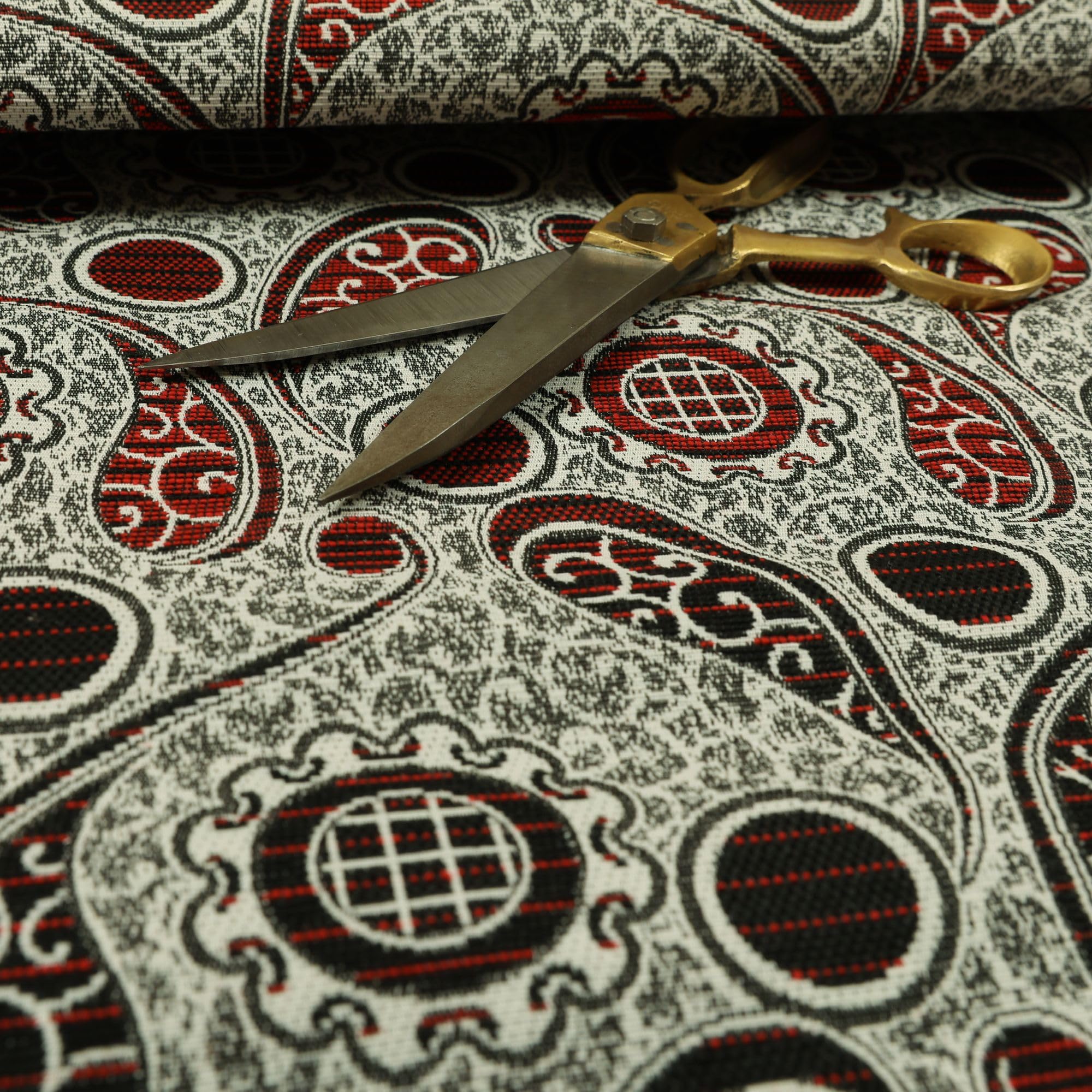 Redbrick Mill Fabrics Flame Retardant Modern Upholstery Furnishing Pattern Fabrics Paisley Damask in Red Black (Per Metre)
