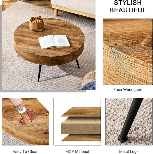 Miniatura 5 de Mesas de centro rústicas para sala de estar, moderna, pequeña mesa de centro redonda de madera con 4 patas de metal, mesa de té para sala de estar,