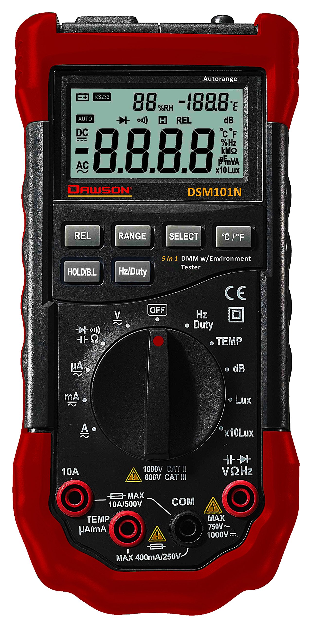 Dawson Tools DSM101N Digital Multimeter front view showing LCD, rotary dial, input jacks, and environmental sensors.