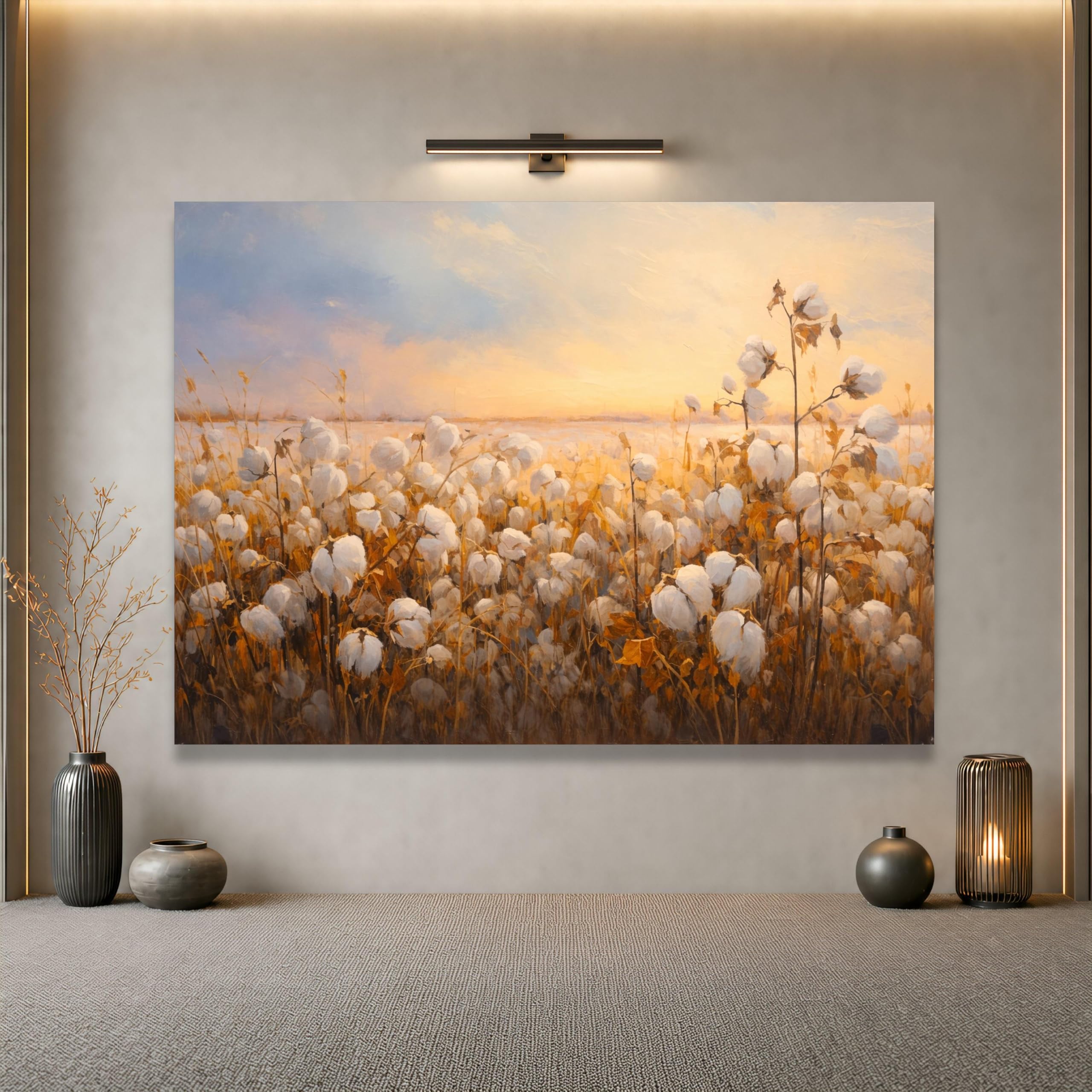 LMYCHENG Golden Sunset Cotton Field Canvas Wall Art Rustic Farmhouse Mural, Nature Landscape Floral Painting Ready to Hang(60x90cm/Frameless)