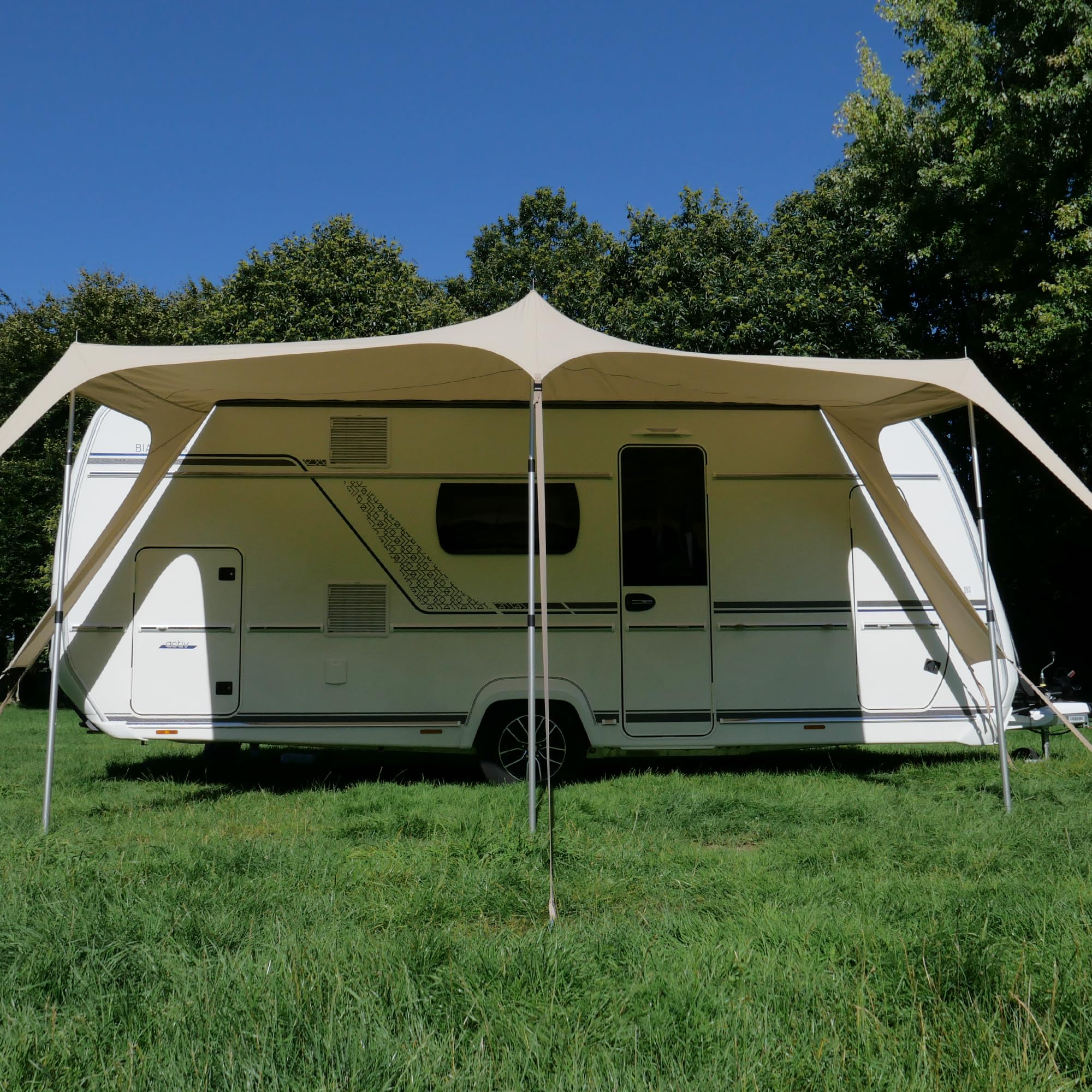 your GEAR Scilla TC Caravan Tarp 400 x 250 cm - Sonnensegel für Wohnwagen oder Wohnmobil aus Baumwolle, wasserdichtes Sonnendach mit Alu Aufstellstangen, UV 50+ Sonnenschutz, 7 & 5 mm Keder