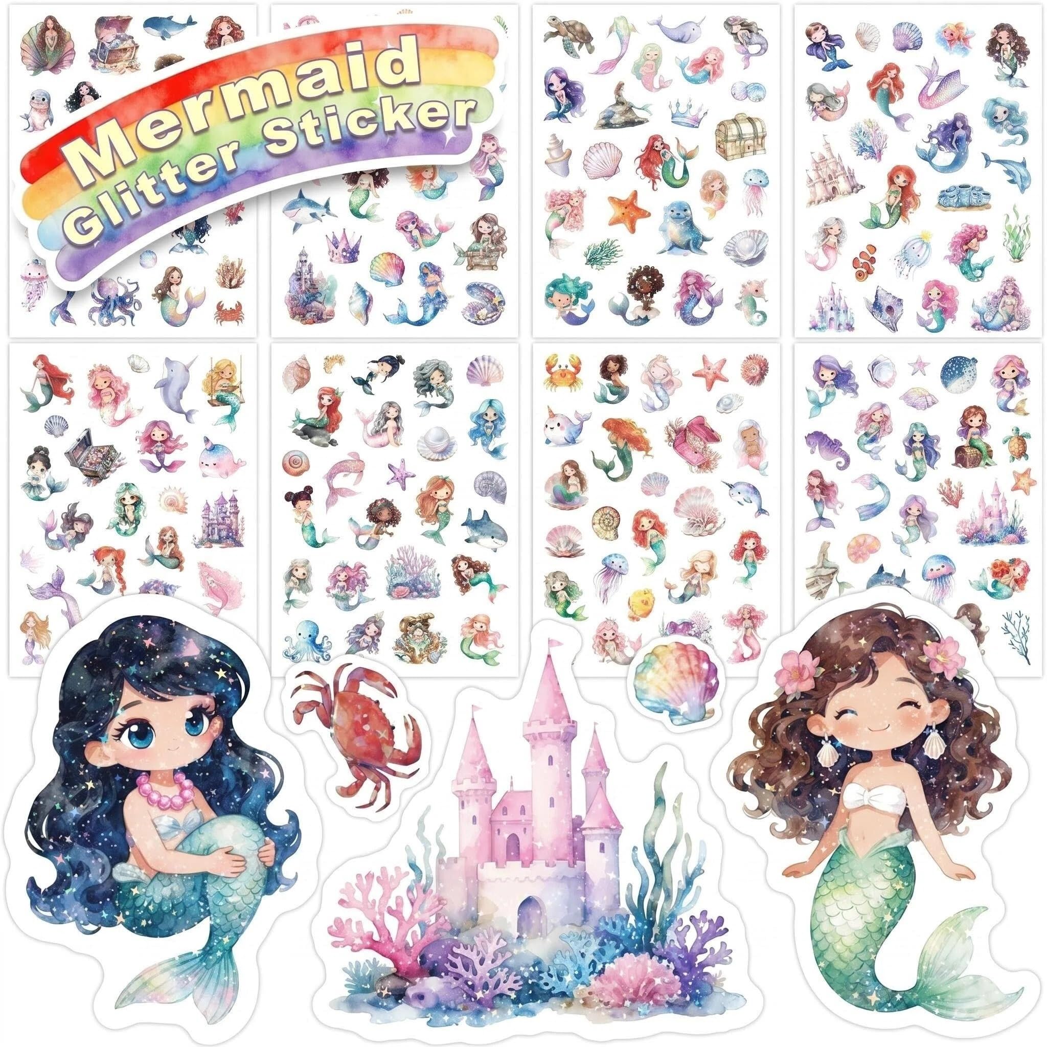 Mermaid Glitter Stickers for Children, 8 PCS Cute Holographic Stickers, Waterproof & Scratch-Resistant Decals for Books, School Bags, Tablets, Bicycles and Drinking Cups, No Residue