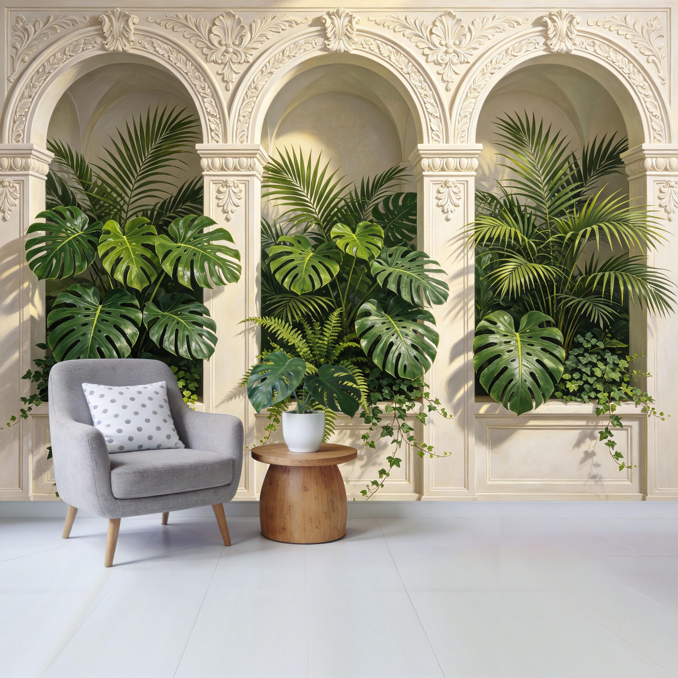 Custom Size Wall Mural Tropical Botanical Greenery with Monstera Palm Fern Arch Design Removable Self Adhesive Fabric Home Wall Decor for Living Room Bedroom Bathroom