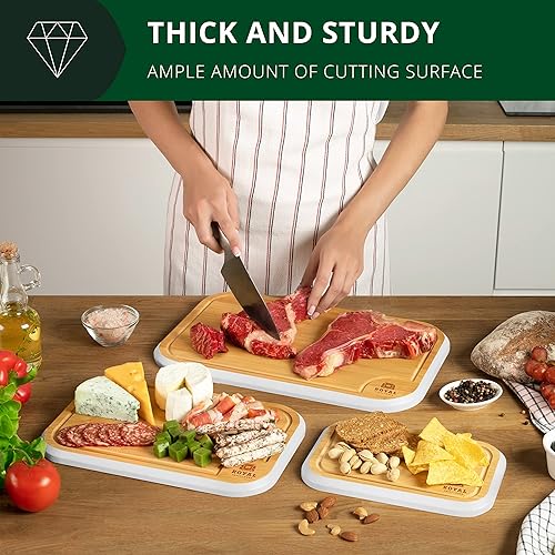 Miniatura 4 de Juego de tablas para cortar de bambú para cocina con ranura de líquidos (3 piezas) para carne, queso y verduras, color blanco