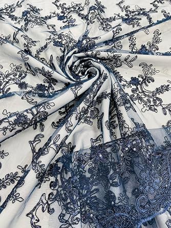 Flower lace Corded and Embroider with Sequins on a mesh- Sold by The Yard Navy Blue, 5 Yards