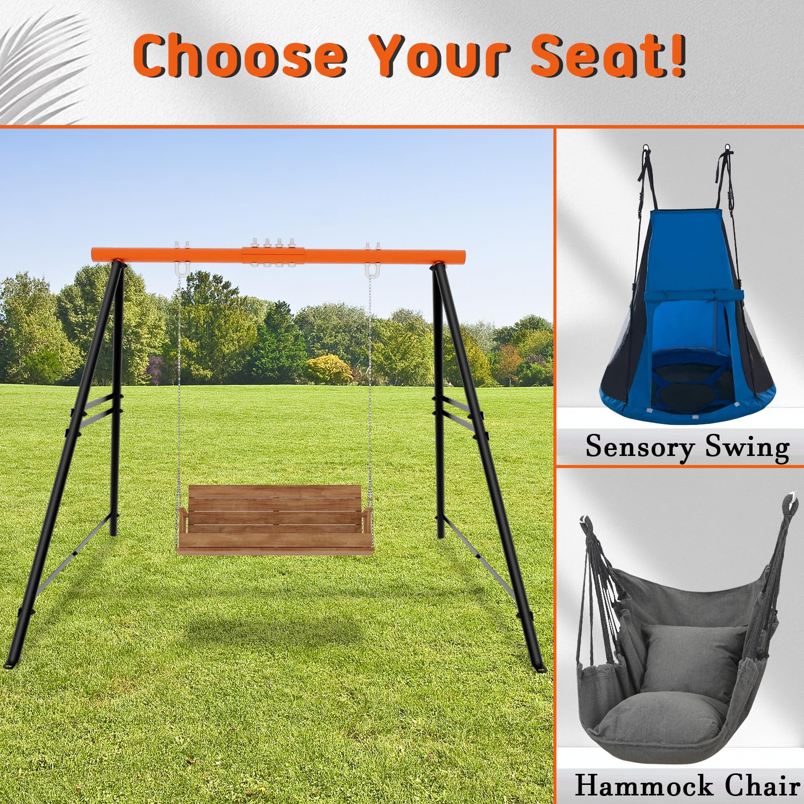 Columpio Jardin Exterior Niños, Columpios Infantils Exterior Metálico, Columpio Niños para Columpios, Columpio Jardin Niños de Bastidor en A para Cargas Pesadas, Asiento no Incluido (Naranja