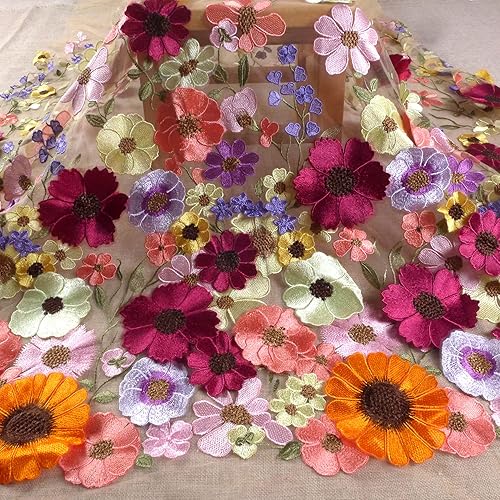47 pulgadas, flores 3D de colores mixtos sobre tela de encaje bordado de tul suave beige por yarda (tul beige, 4 yardas)