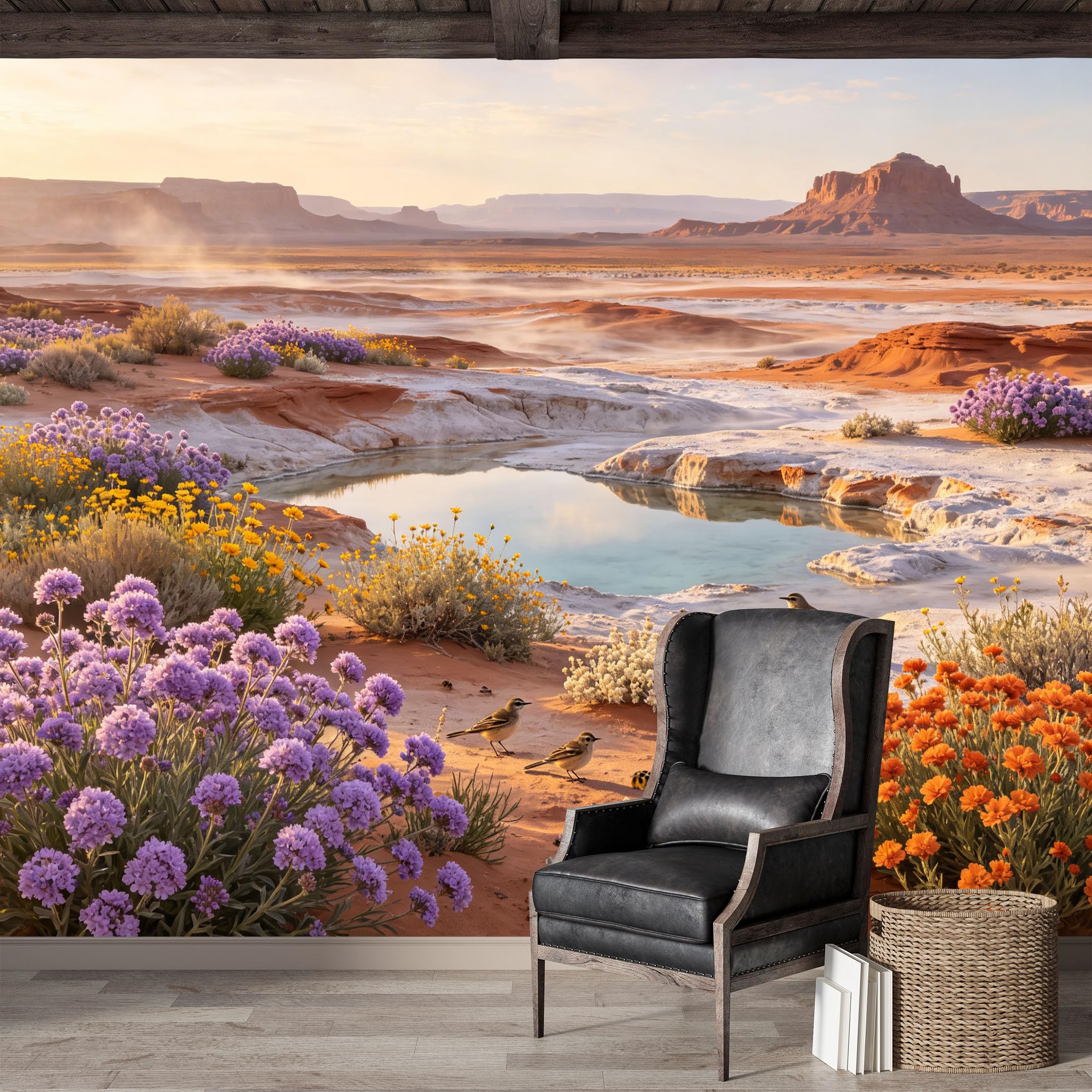 Custom Size Wall Mural,Desert Oasis Sunset Landscape Botanical Watercolor Premium Water Activated SelfAdhesive Wallpaper,Removable Wall Covering for Indoor Home Decor