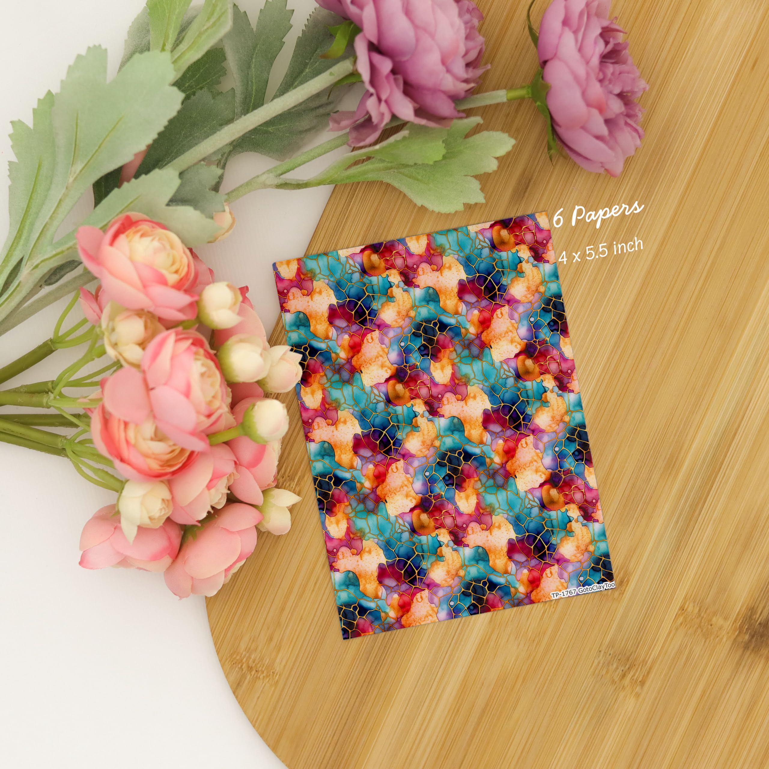 GOTO CLAY TOOLS Transfer Paper for Polymer Clay Earrings, 6 Pcs Colorful Stained Glass Water Soluble Transfer Sheet, Bright Colors Even After Baking, No Cracking, 4 x 5.5 inches | TPUS-1767