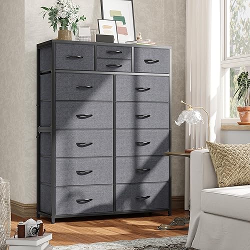 Miniatura 8 de EnHomee Cómoda, Cómoda Blanca para Dormitorio con 14 Cajones Profundos, Cómodas para Dormitorio de Niñas, Parte Superior de Madera, Marco de Metal