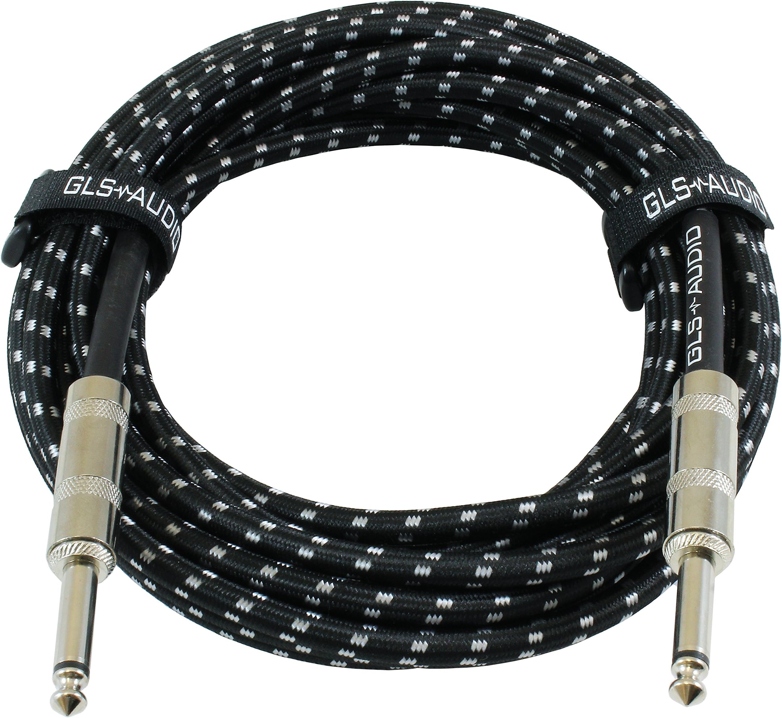 GLS Audio Instrument Cable - 1/4 Inch TS to 1/4 Inch - for Bass/Electric Guitar - Black/Grey Braided Tweed, 20 Ft - Electric Guitar Cable