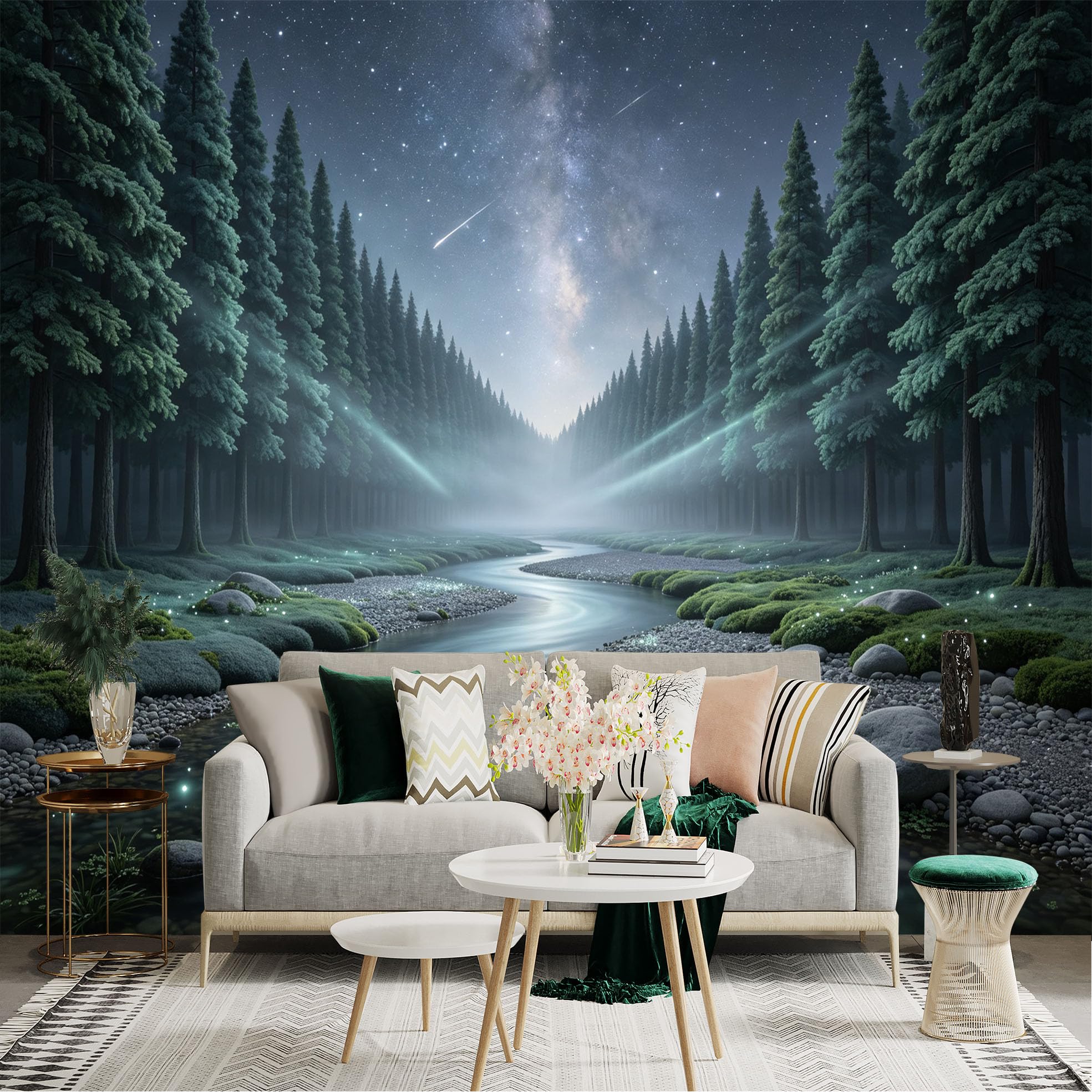 Lnzczhyre Bh260719326 Custom Size Wall Sticker Mural， Enchanted Forest With Flowing Creek， Milky Way Galaxy， Glowing Mist And Night Landscape， For Wall Decoration， Peelandstick Wall Decals.
