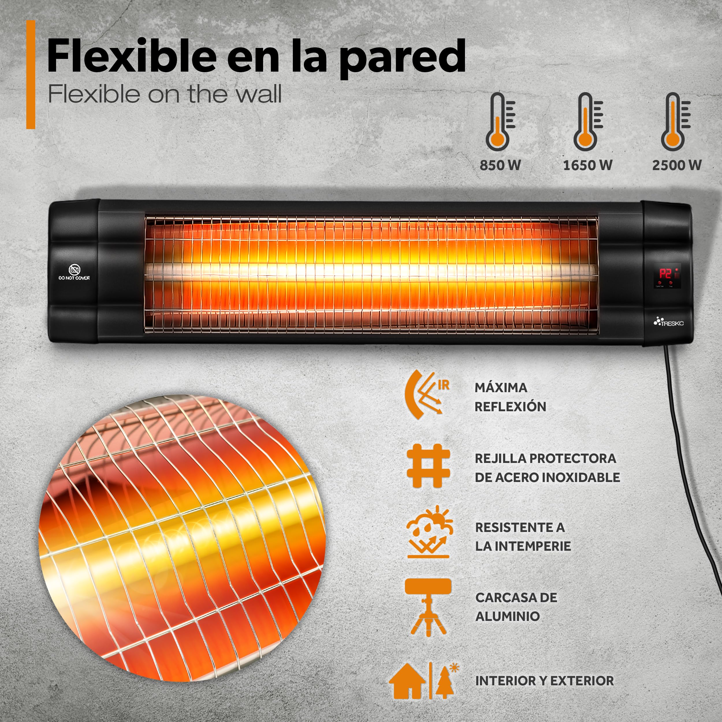 TRESKO Calefactor por Infrarrojos para Terraza | 2500W + Control Remoto | Estufa Radiante con 3 Temperaturas | Radiador Eléctrico para Exterior e Interior | Calentador con Altura Regulable (Negro)