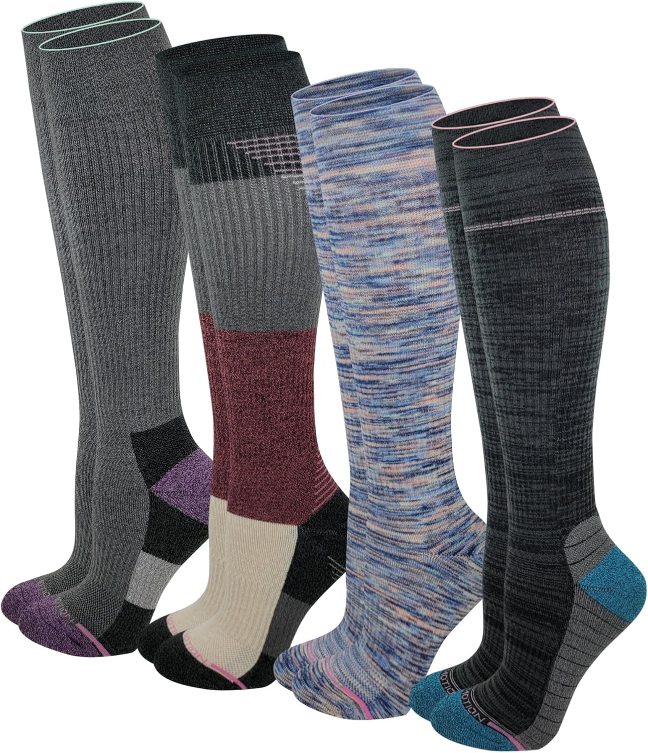 Dr. Motion Compression Knee HIgh Socks (4 Pairs), Arch Support Outdoor Running HIking Socks for Women