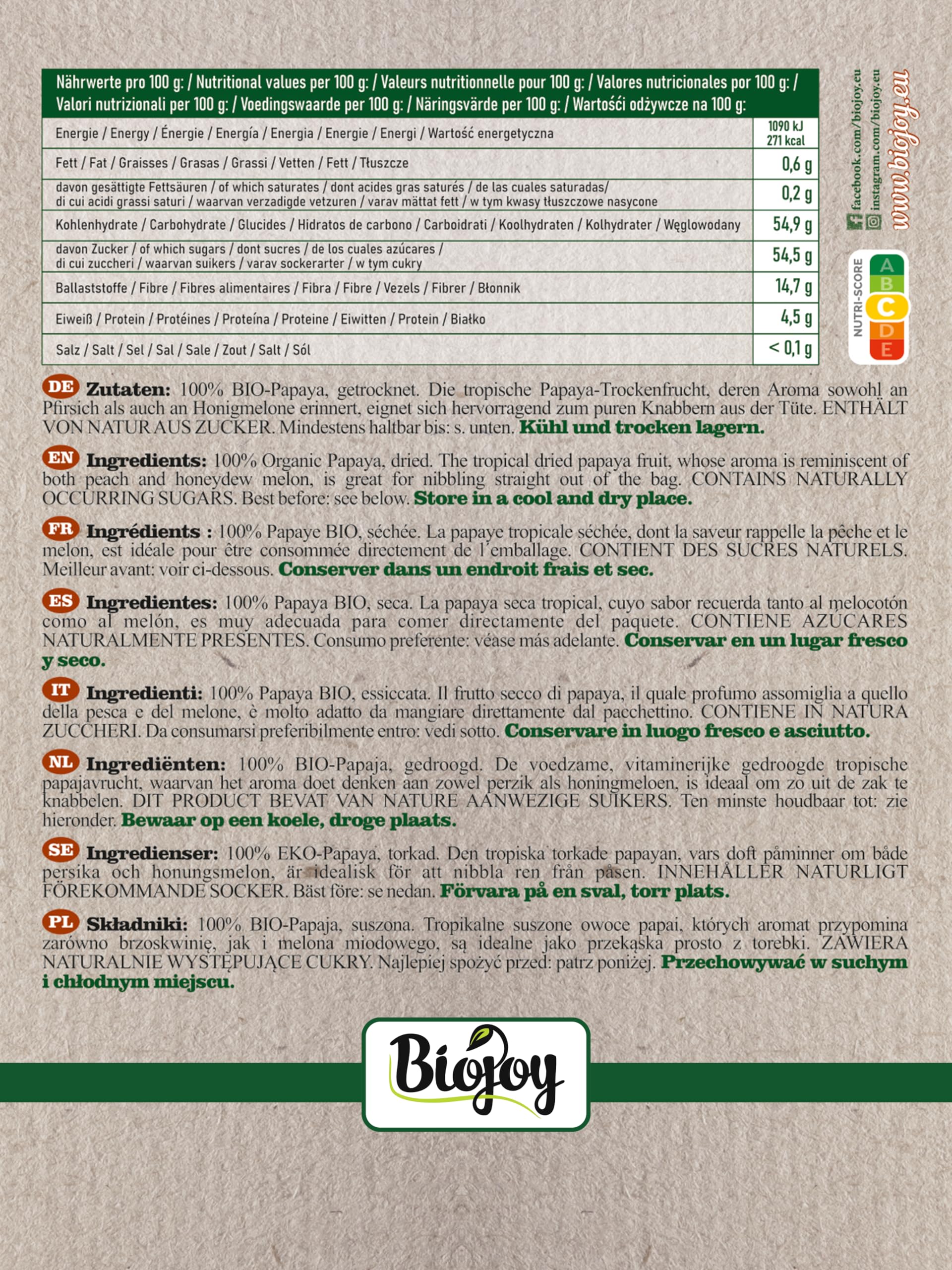 Biojoy Papaya seca BÍO (1 kg), Piezas enteras, sin azúcar añadido y sin azufre