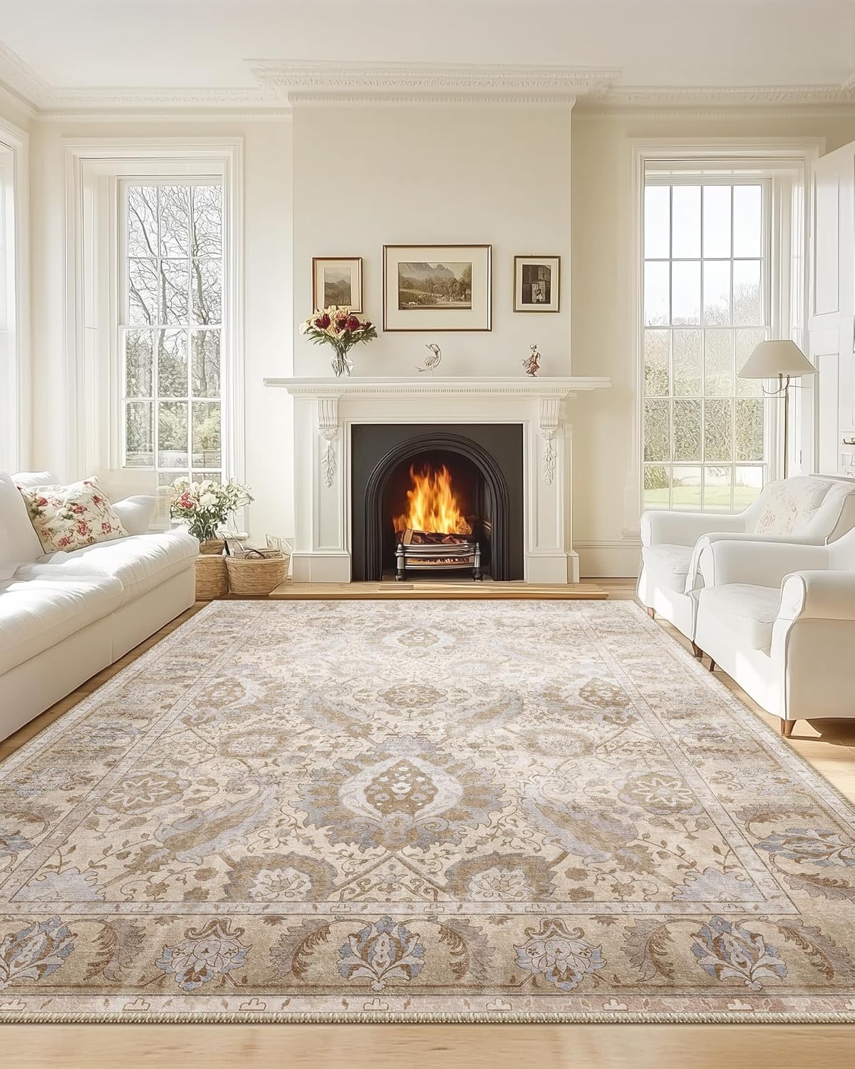 Boho 8x10 Area Rugs Machine Washable Carpet Low Pile Non Shedding Doormat Soft Area Rugs for Living Room Bedroom Kitchen Dining Room Entryway Hallway Indoor-Khaki/Blue