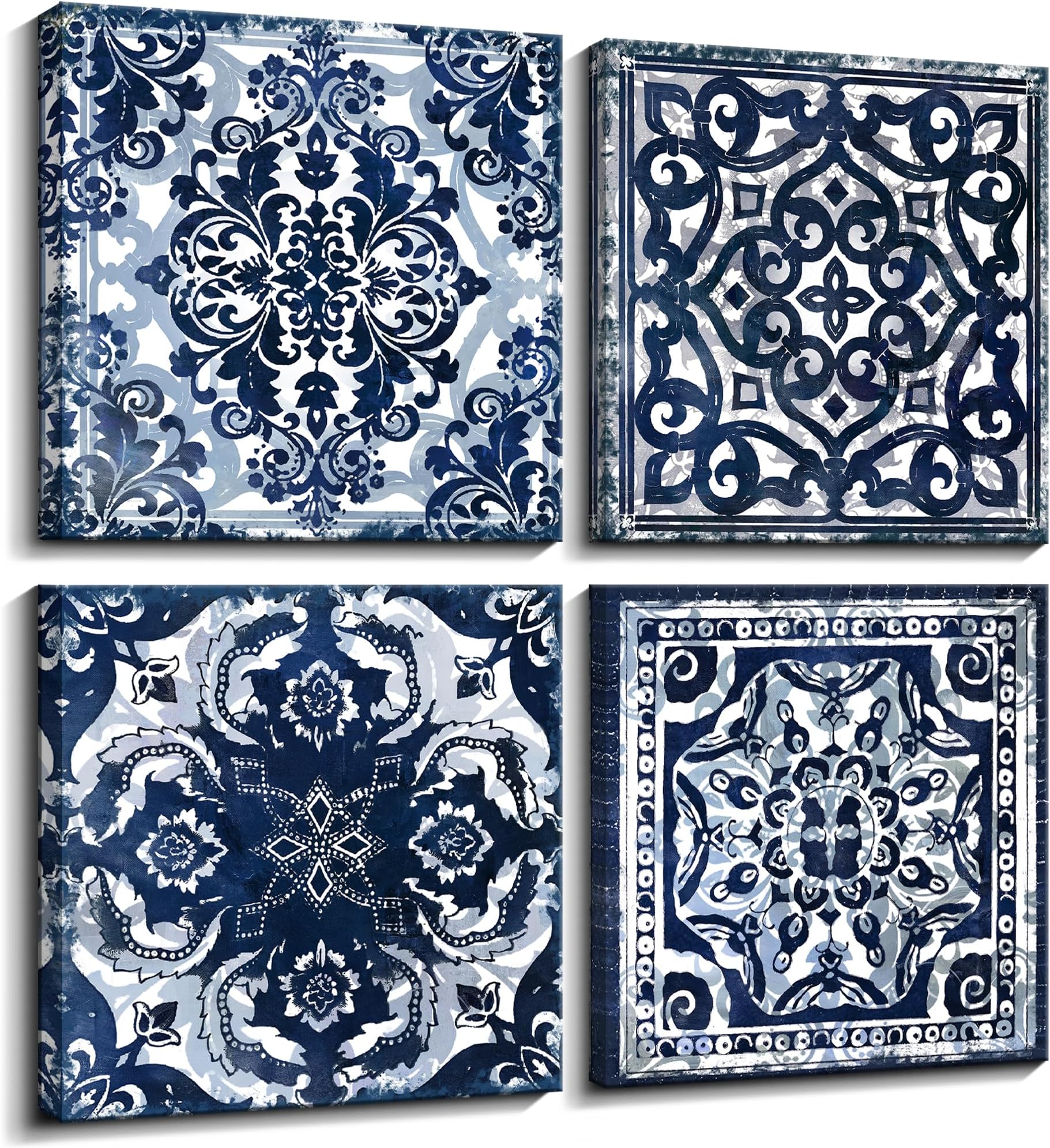 Bedroom Decor Canvas Wall Art Flower Pattern Prints Bathroom Abstract Pictures Modern Navy Framed Wall Decor Artwork for Walls Hang for Bedroom 4 Pieces Wall Decoration Size 14x14 Each Panel
