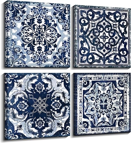 Mofutinpo - Decoración de dormitorio, lienzo índigo estampado de flores para colgar en pared, impresiones de cuadros abstractos modernos en azul