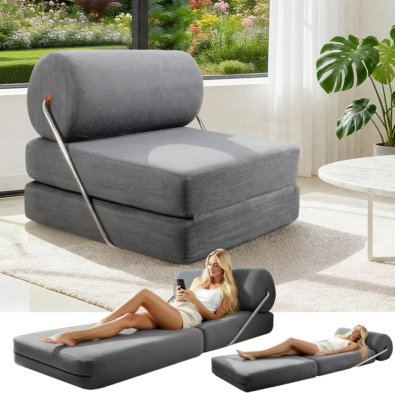 3 in1 Folding Sofa Bed, Convertible Sleeper Chair, Loveseat, Folding Boneless Small Couch Bed for Living Room, Comfy Floor Sofa, Portable Fold Out Sleeper Sofa with Back Cushion for Small Space