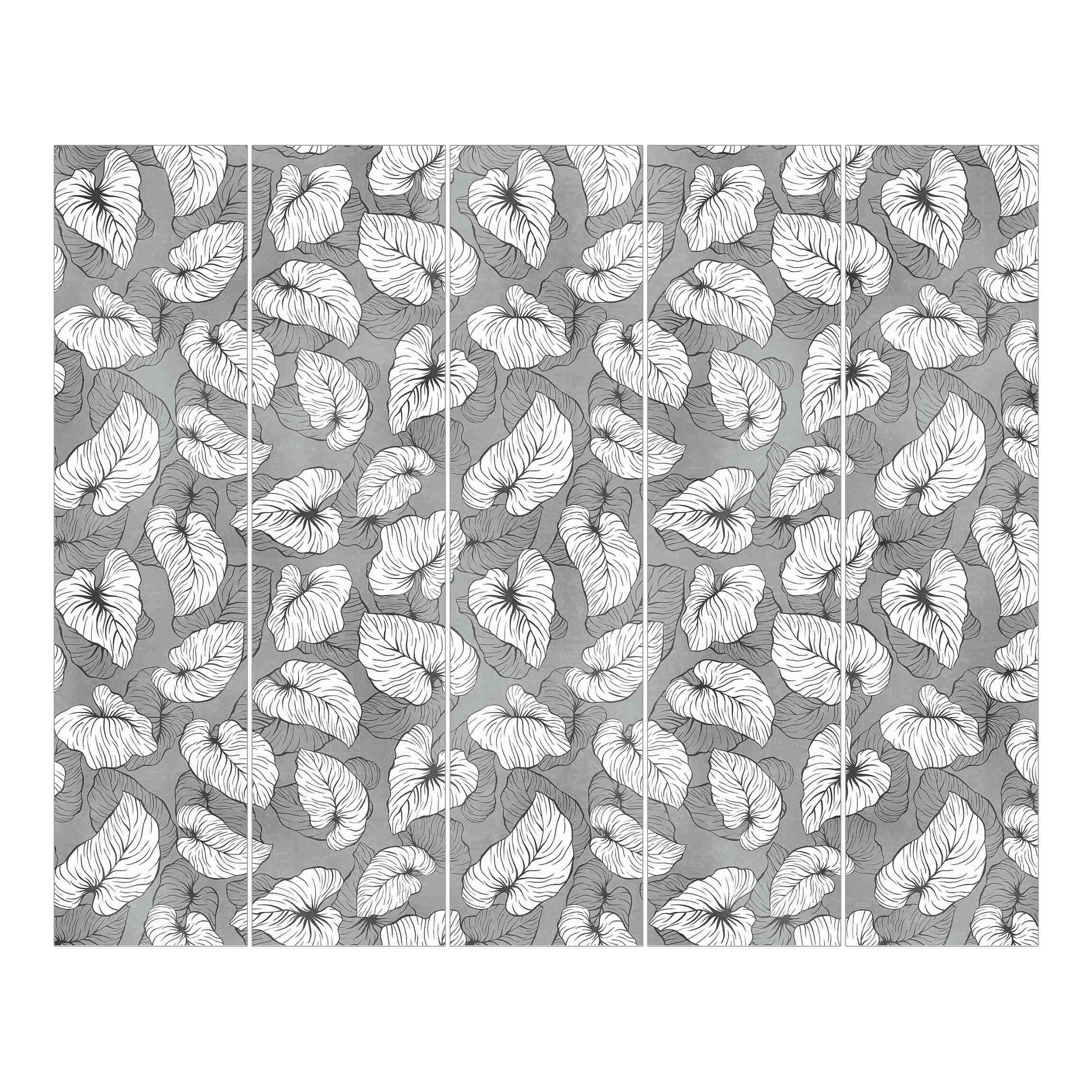 Schiebegardine halbtransparent 60er Paneel Klett Muster Textil lichtdurchlässig - Pflanzen Tropisch Flächenvorhang grau Wohnzimmer Schlafzimmer 2476 (300x250 cm - 5er Set)