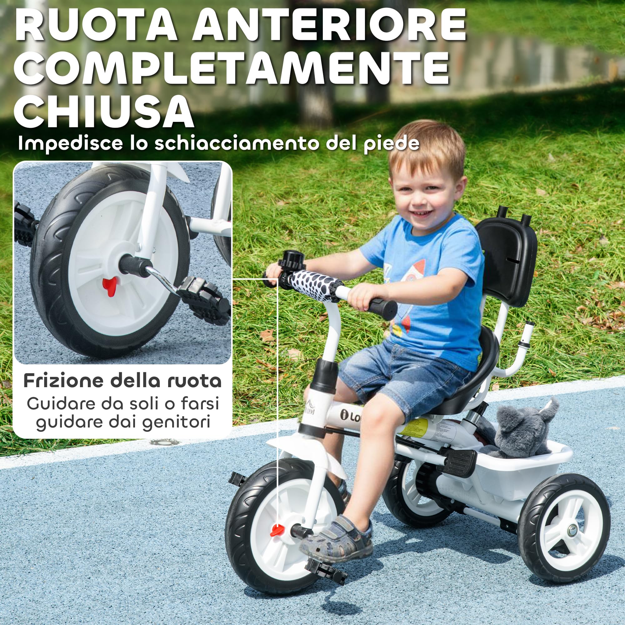 HOMCOM Triciclo per Bambini con Maniglione di Spinta, Tettuccio, Barra di Sicurezza e Box Portaoggetti, Triciclo Passeggino in Metallo, Plastica e Poliestere, 105x47x89 cm, Bianco e Nero