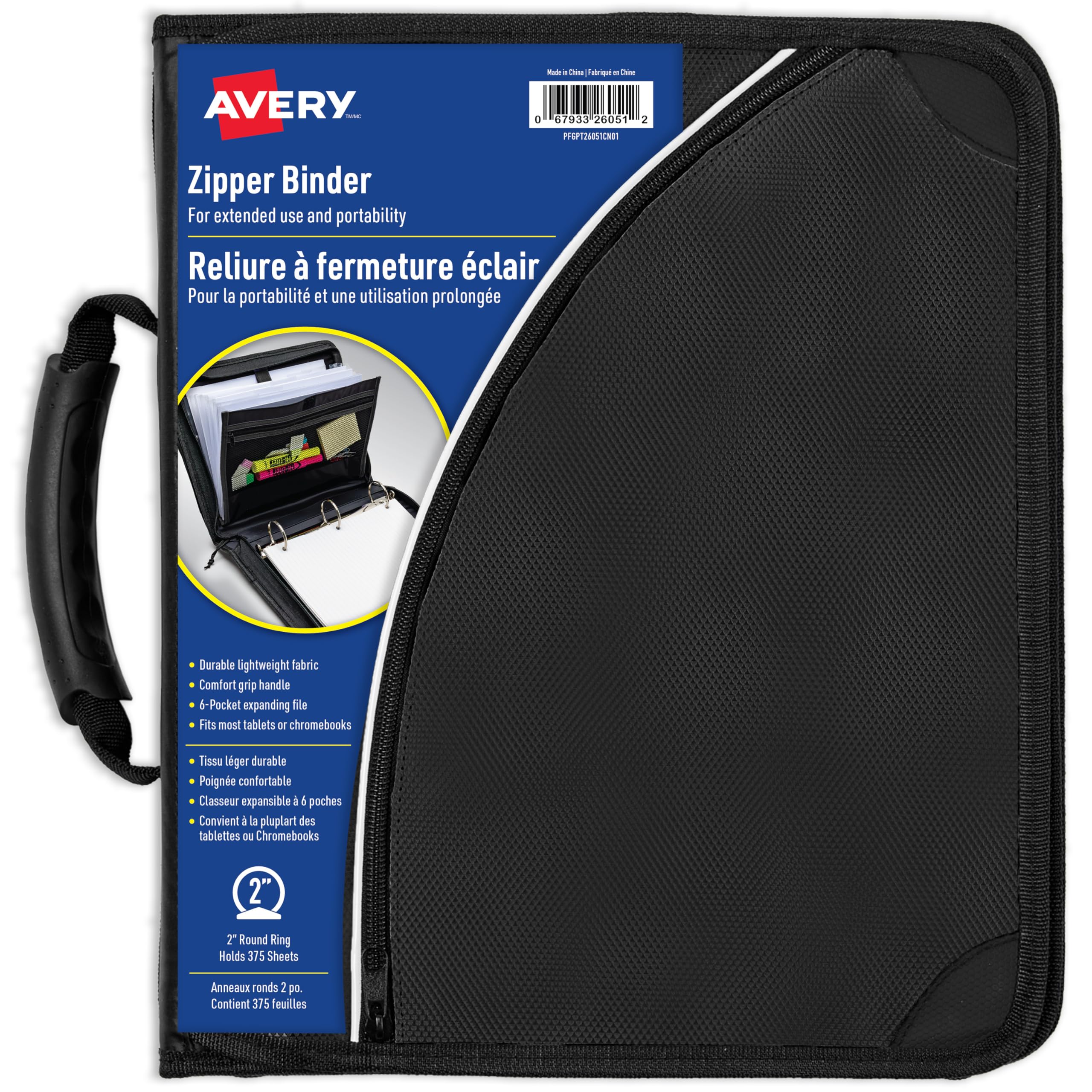 Avery 2" Inch Zipper Binder, 3 Round Rings, Durable Messenger Nylon Zipper Black Binder, Tablet Holder, 6-Pockets with 5 Tab Dividers, Carry-All Storage Binder (26051) image 2