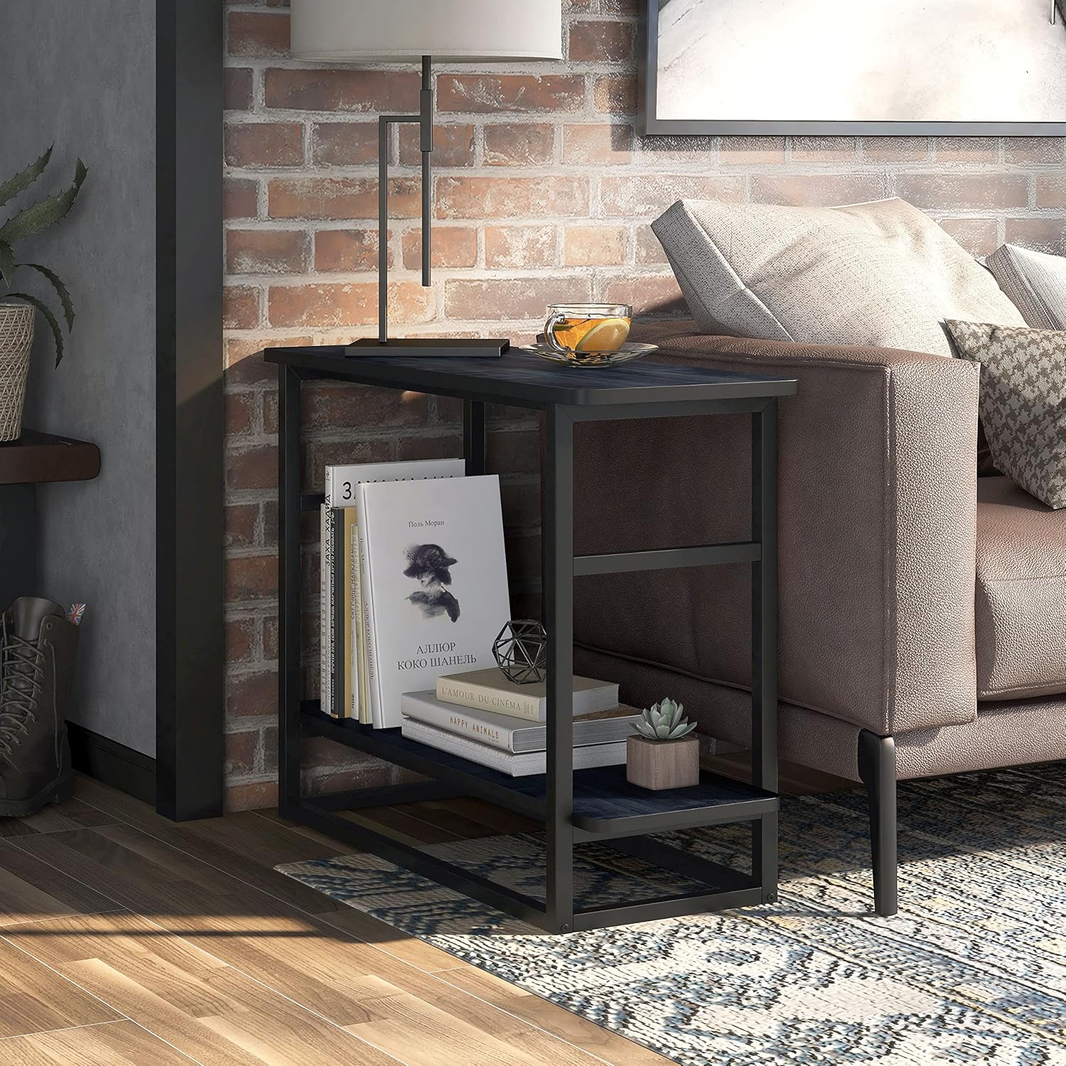HOMES: Inside + Out Valen Transitional 1-Shelf Metal Frame 32 in. End Table for Living Room, Bedroom Bedside Storage, Rustic Navy Blue