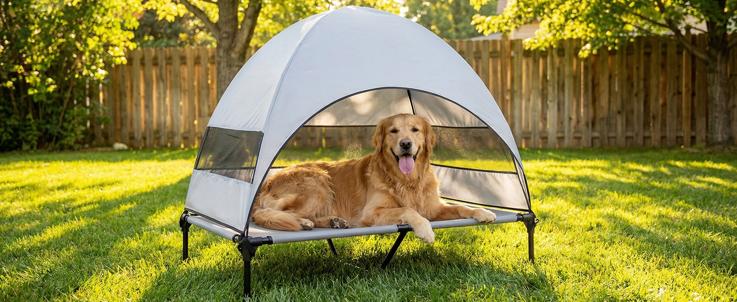 Elevated Dog Bed with Upgraded Canopy, Raised Outdoor Dog Tent with Powerful Anti-Slip Feet, Portable Pet Cot with Larger Shade, Raised Cooling Bed for Camping, Backyard, Beach, Poolside : Pet