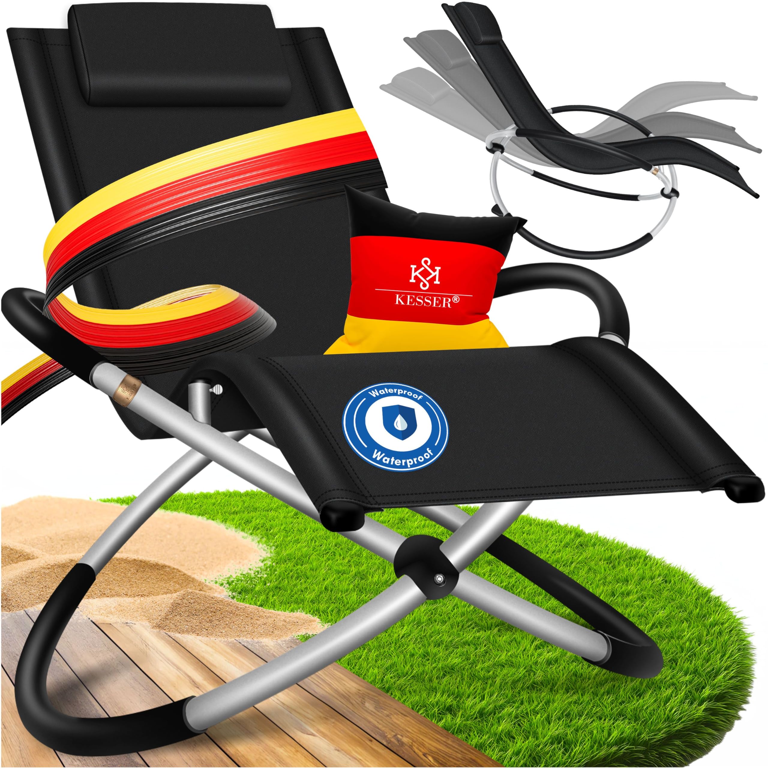 KESSER® Relaxliege Liegestuhl | Gartenliege Sonnenliege | Gartenstuhl | Klappstuhl faltbar | Schwungliege | Schaukelsessel | ergonomische Relaxsessel | wetterfest | 180 kg Belastung, Schwarz