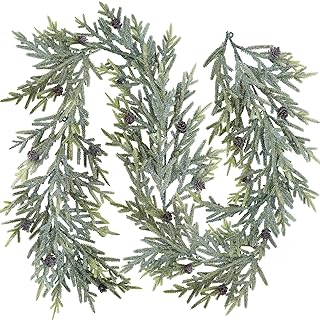 Winlyn 6' Artificial Frosted Christmas Pine Garland with Pine Cones Glitter Winter Greenery Garland for Christmas Winter Wedding Holiday Table Runner Centerpiece Doorway Season Mantel Decor