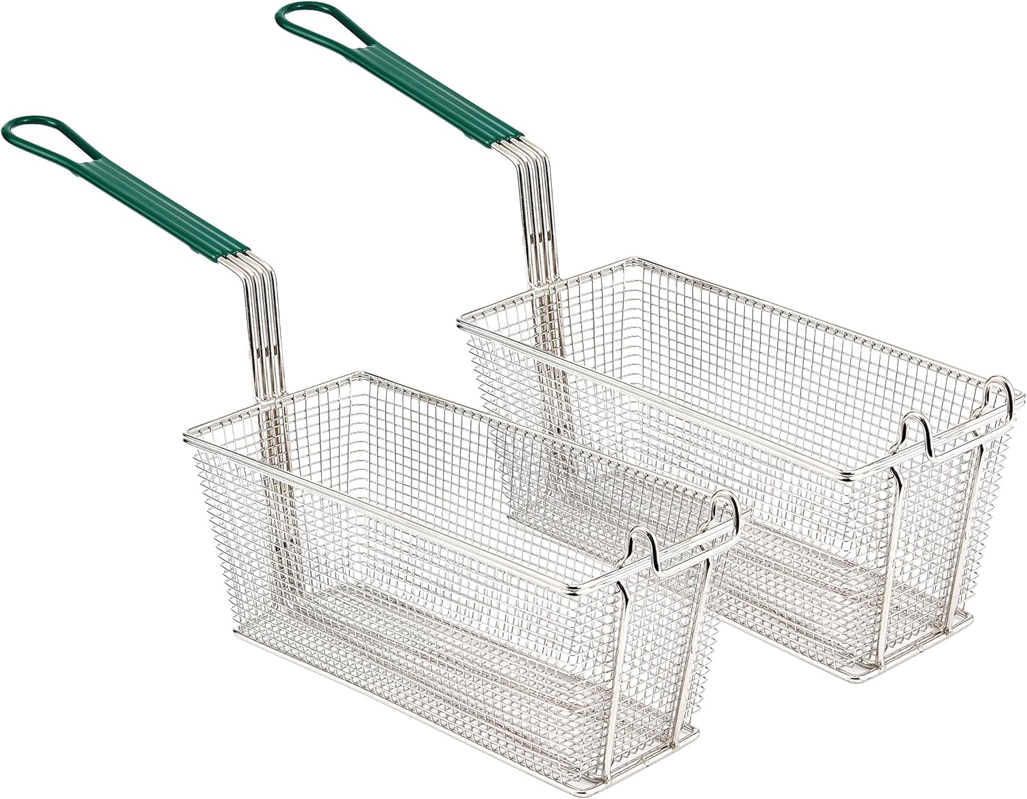 Commercial Deep Fryer Basket |13-1/4"" x 6-1/2" x 5-3/16" |Green Plastic Coated Handle |Replacement Fry Basket for Restaurants| 2-Pack