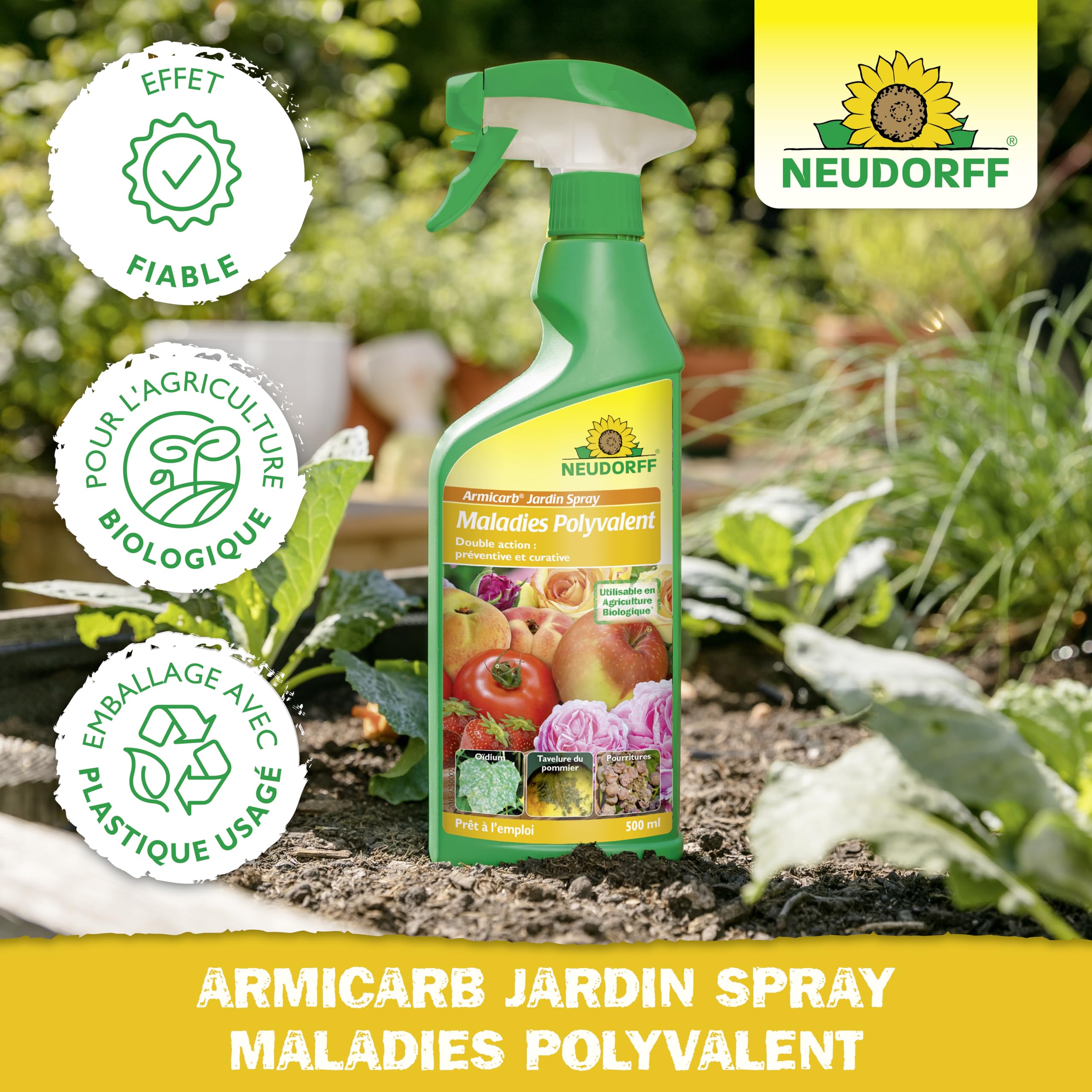 Neudorff Armicarb Jardin Spray Maladies Polyvalent – Combat les maladies fongiques comme l'oïdium sur les fruits et légumes. Prêt à l'emploi, 500 ml
