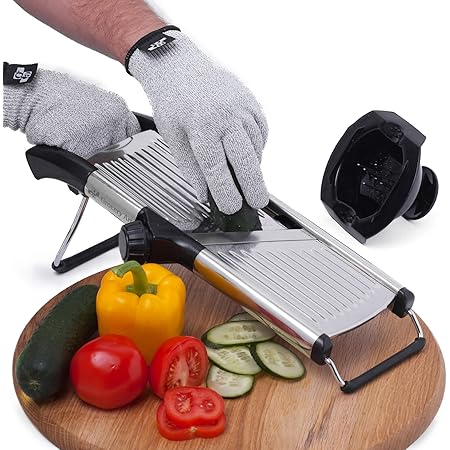 Mandoline Slicer with Cut-Resistant Gloves and Blade Guard – Adjustable Mandolin Vegetable Slicer and French Fry Cutter, Food Slicer, Vegetable Julienne – Thick Sharp Stainless Steel Blades