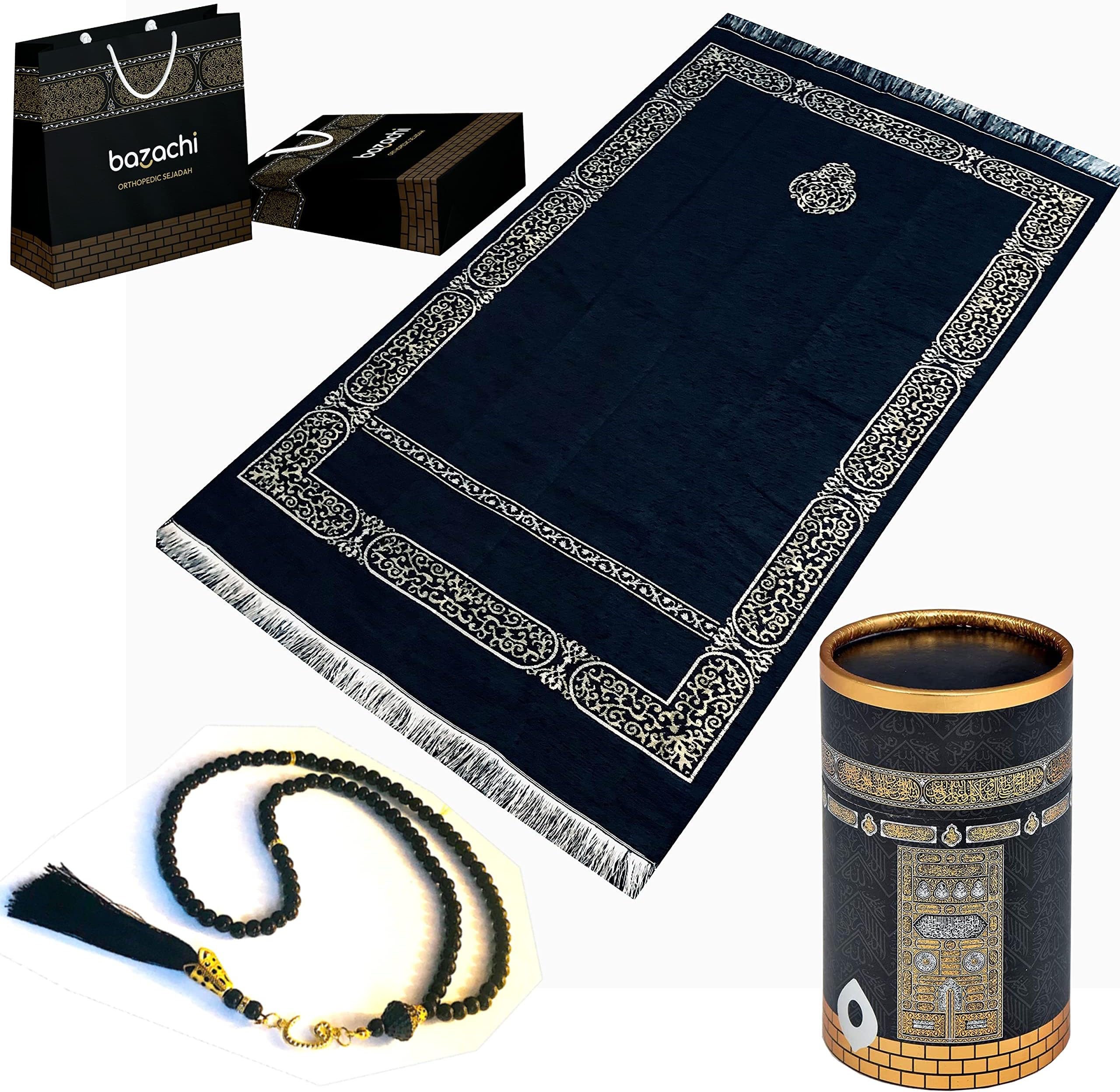bazachi Kaaba Design Gift Boxed Chenille Prayer Mat with 99 Beads Tasbih & Gift Bag – Premium Islamic Gift Set for Ramadan, Eid, Umrah, Hajj, and Daily Salah (Model 1)