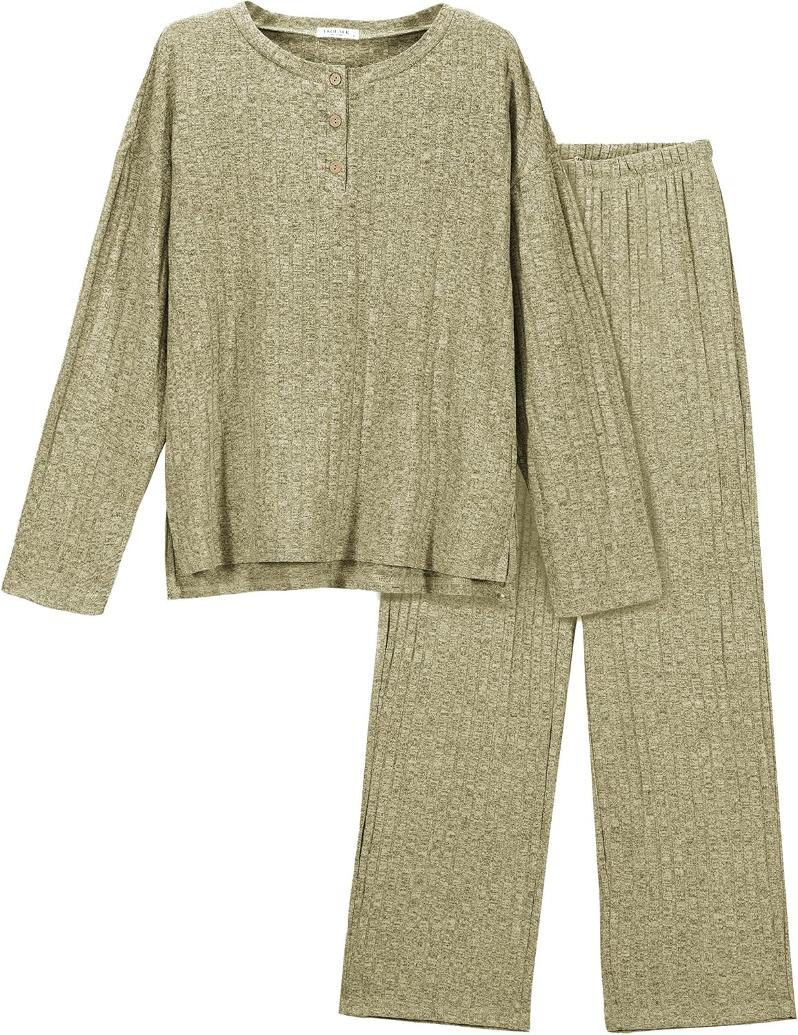 Ekouaer Womens Ribbed Knit Lounge Set Long Sleeve Henley Neck Top and Long Pants Two Piece Soft Sleepwear with Pockets