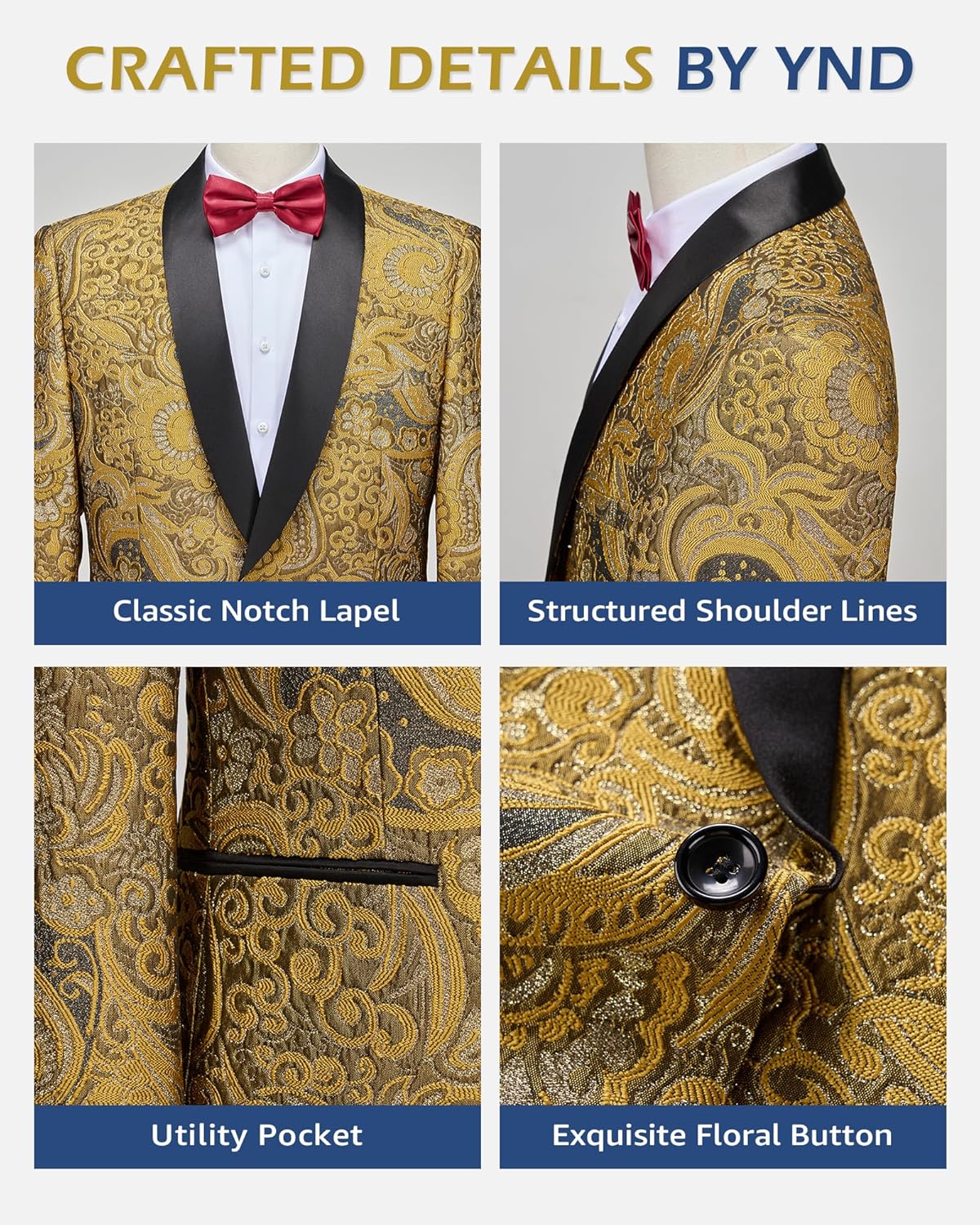 YND Men's Floral Tuxedo Jacket, Luxury Embroidered Blazer, Dress Suit with Bow Tie for Wedding Party Prom Dinner