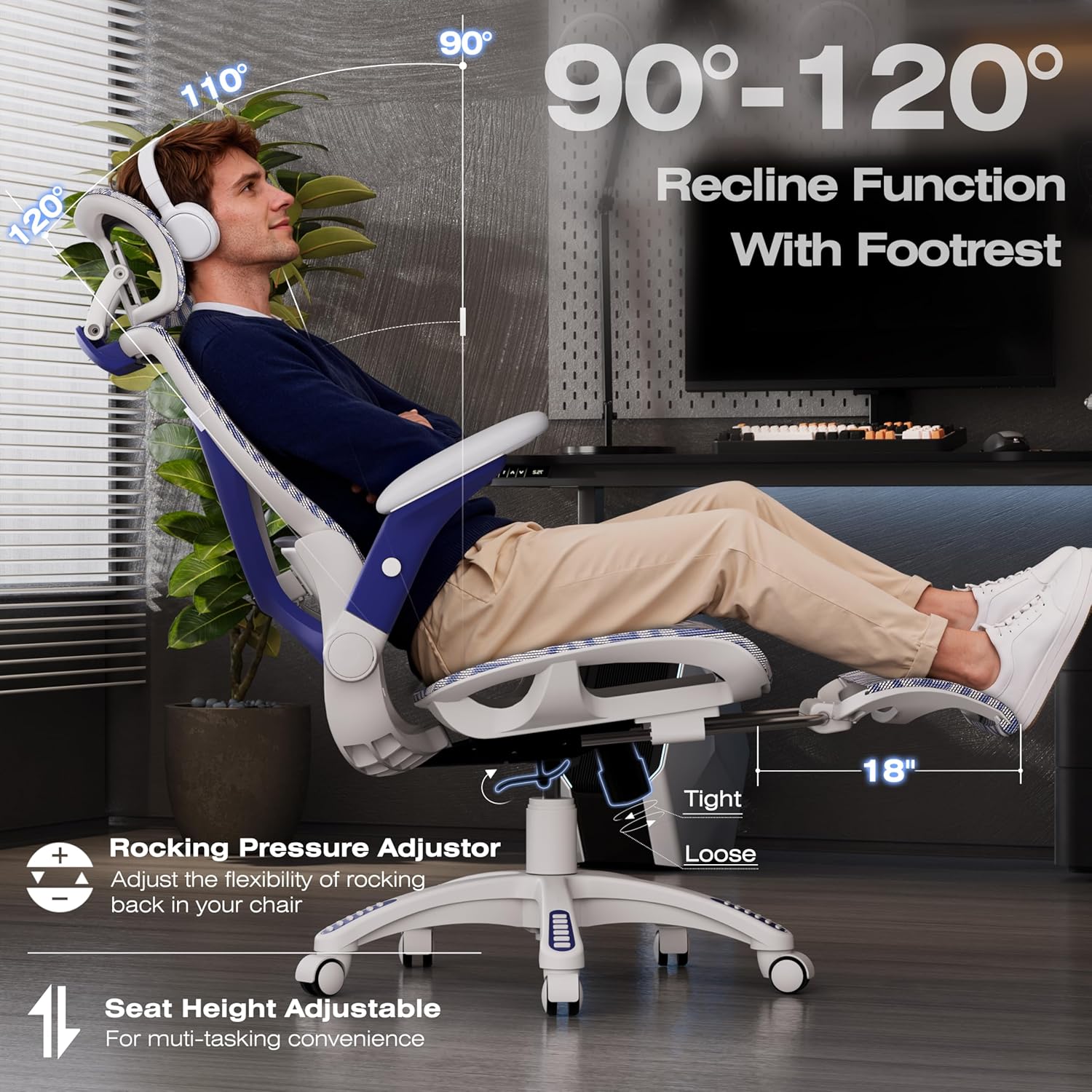 ELABEST X100 Ergonomic Mesh Office Chair with Footrest, Big and Tall Hone Desk Chair with 5D Flip-Up Arms, Adjustable 3D Lumbar Support,Gaming & Executive Computer Chairs (Cybernetic Pulse) - Image 6