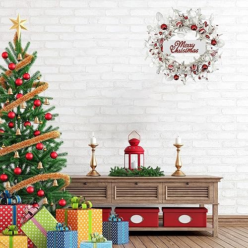 Vista 25 de Corona artificial de otoño para puerta principal, corona con hojas de eucalipto naranja y hojas de roble para casa de campo, interiores