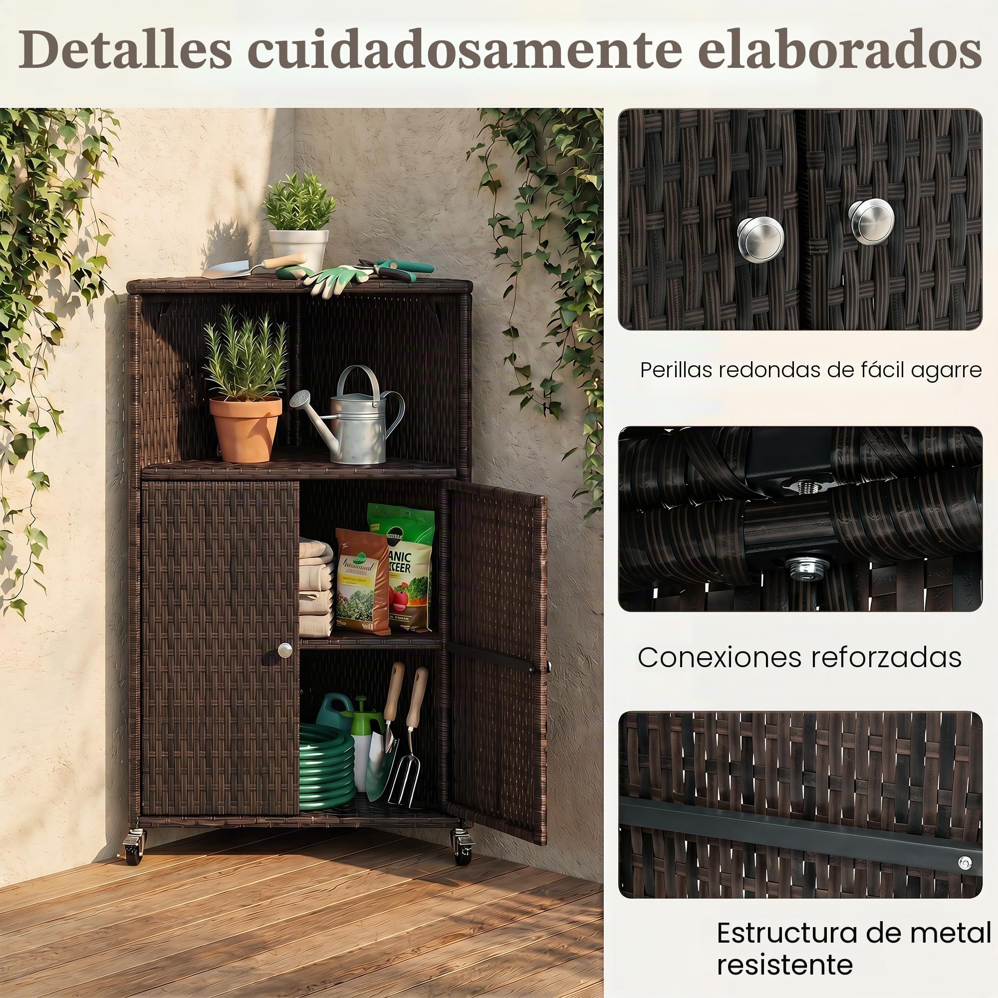 LIFEZEAL Armario de Exterior de Ratán con 2 Niveles y Puertas | Aparador Rodante para Patio Jardín Terraza, Compartimento Abierto, 65x47x111 cm, Resistente al Agua