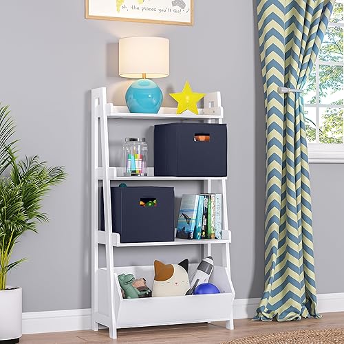 Miniatura 23 de RiverRidge Estante de escalera de 4 niveles de 24 pulgadas para niños con organizador de juguetes y 2 contenedores color gris pardo Blanco con 2