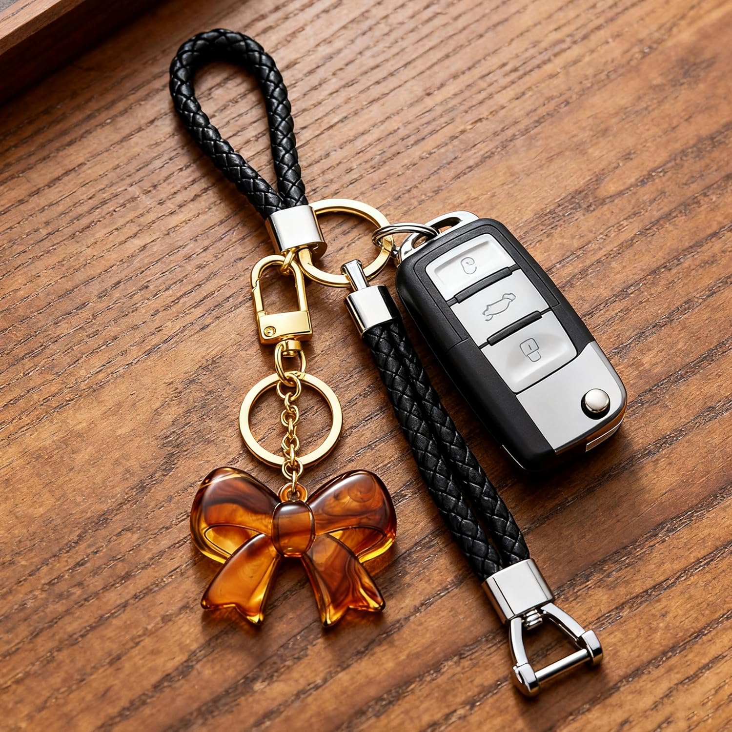 YUJIE Amber Acrylic Bow Keychain, Gold - Tone Metal Ring Key Holder Chunky Resin Brown Bow Knot Pendant Fashionable Bag Charm for Women Thanksgiving Day - Image 4