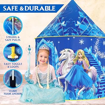 W&O Frozen Princess Tent with Sound Button, LED Lights, Crown & Wand | Frozen Princess Play Tent with Magical Sounds, LED Lights, Crown & Wand, Easy Setup for Indoor/Outdoor Play, Ages 3-7