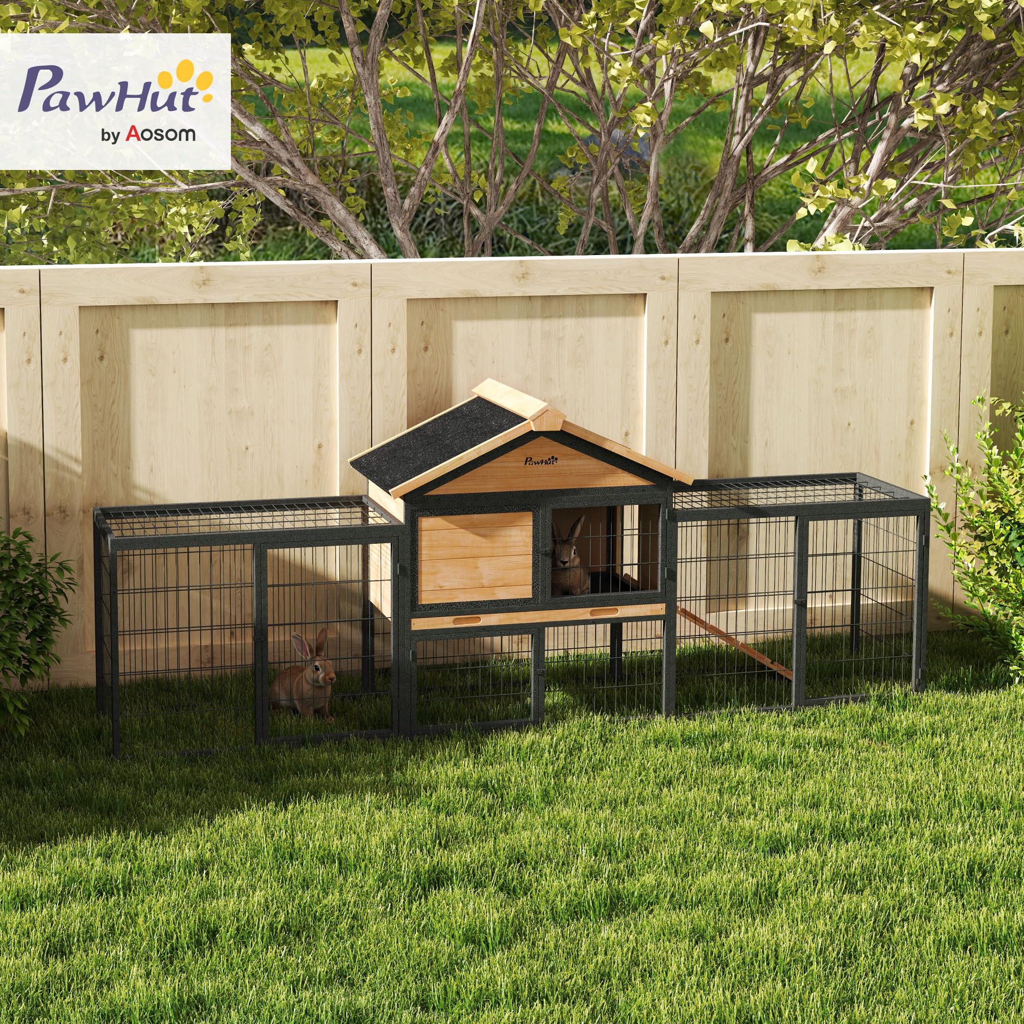PawHut conigliera a 2 livelli con tetto a capanna in legno massiccio conigliera invernale a doppio piano con recinto per animali liberi 217x53x86 cm gabbia per conigli all'aperto conigliera per
