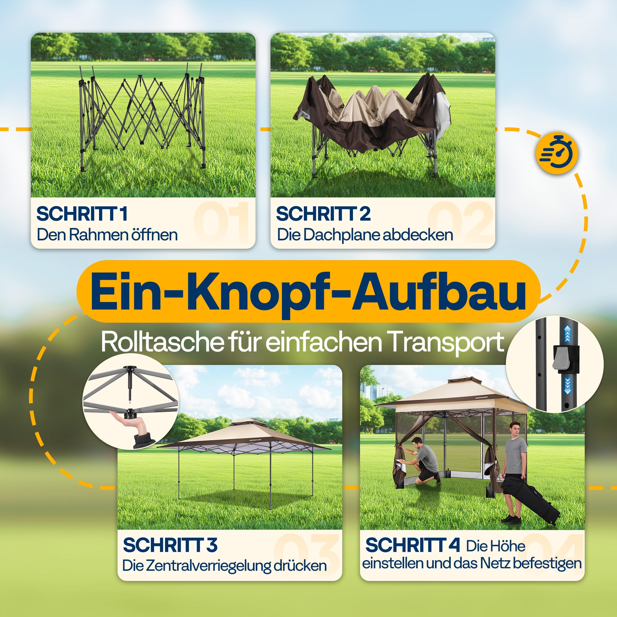 VIVOHOME Pavillon 3 x 3 m Zelt für Außenbereich wasserdicht mit Moskitonetz tragbare Rolltasche für Hof Camping Picknick Partys und Veranstaltungen