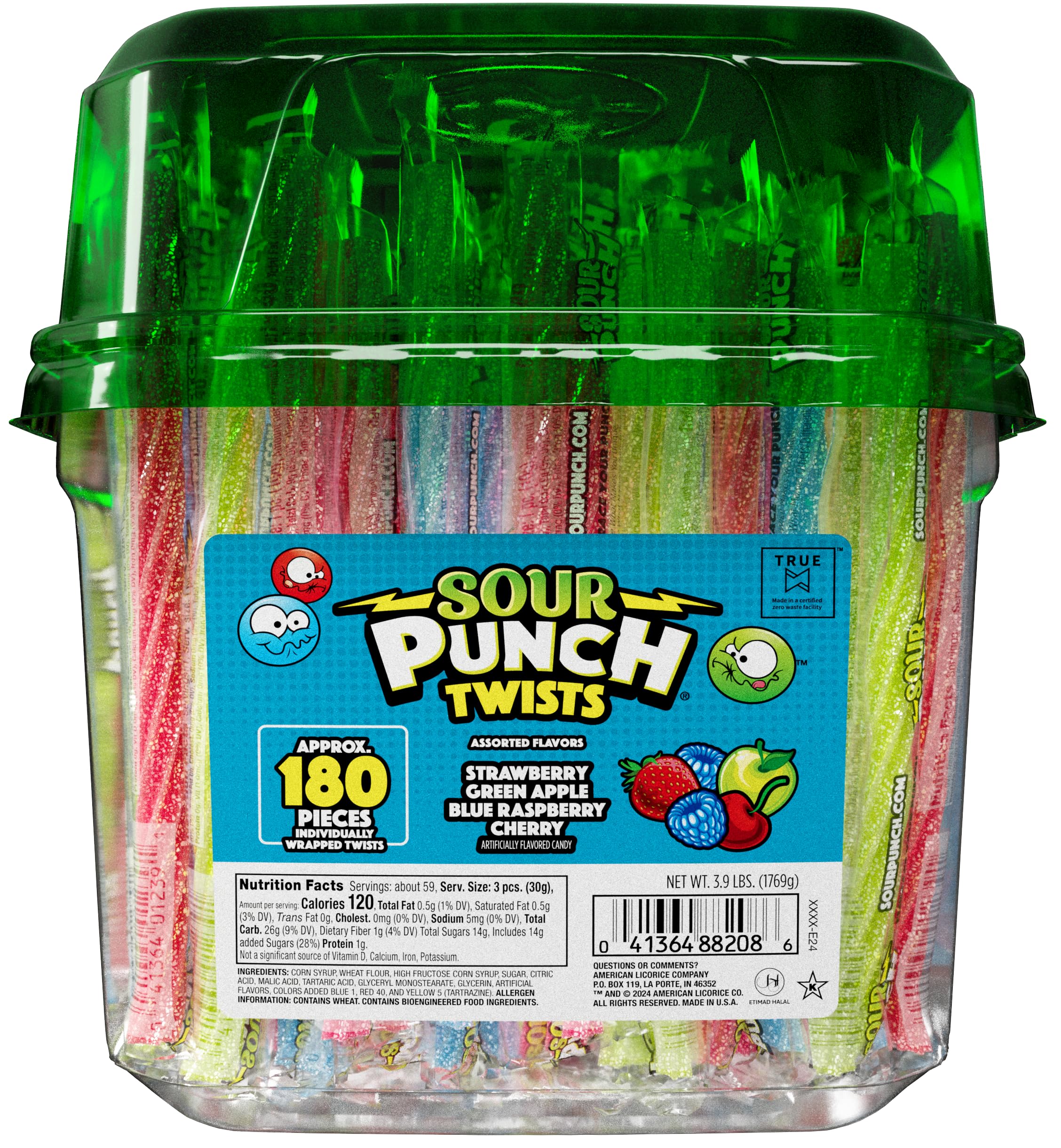 Sour Punch Twists, Sour Candy 6" Individually Wrapped Chewy Candy, 4 Assorted Fruity Flavors