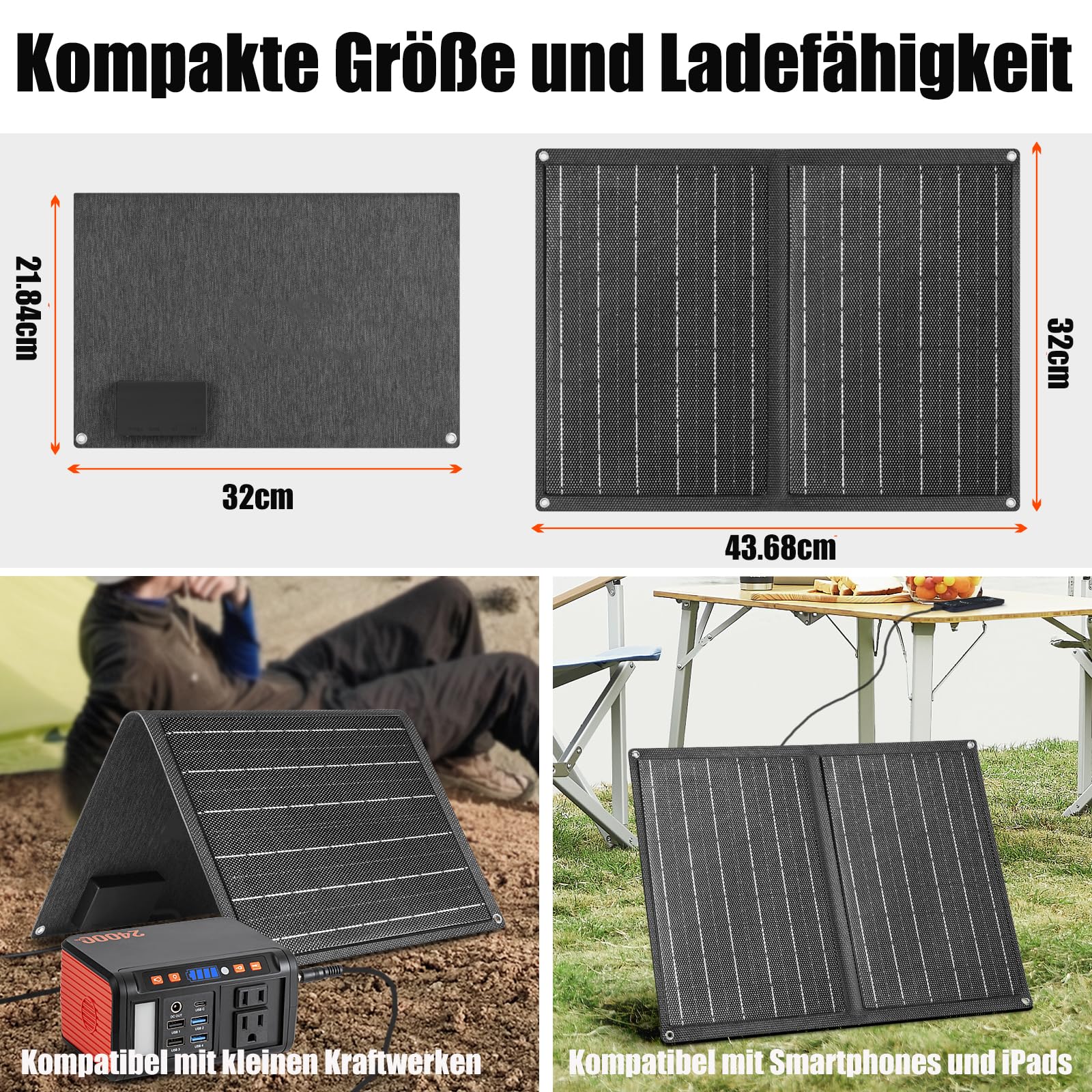Pannello Solare Portatile 21W Piegaevole Caricatore, Efficienza 23%, Caricatore Rapido con Porte USB e Uscita DC 18V, Pannello Solare Pieghevole per Campeggio Viaggi all'Aria Aperta Emergenza